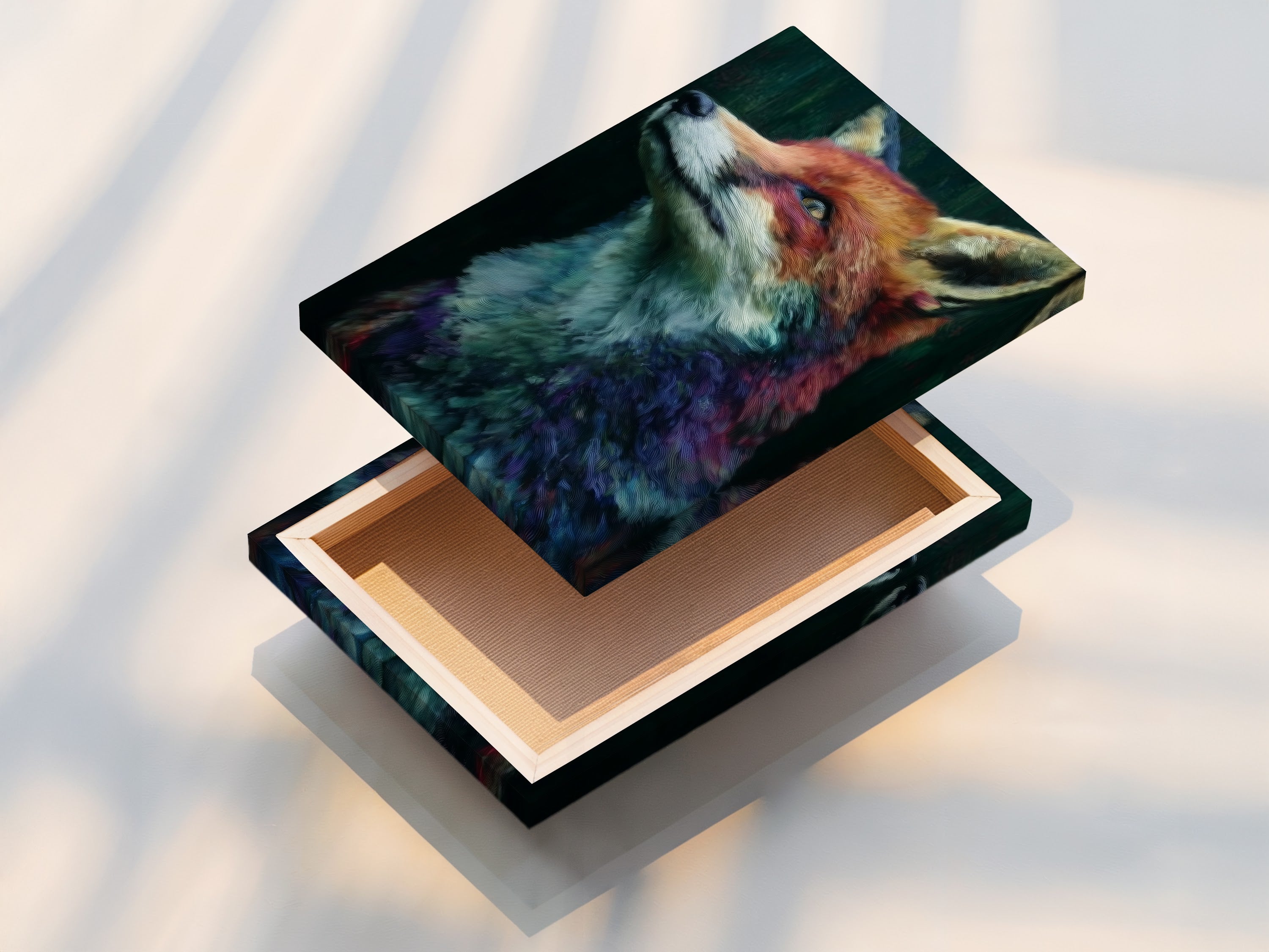 A vibrant stretched canvas print of a fox portrait. The colors pop in this modern wildlife artwork. Perfect for adding a touch of nature and color to any room. Ready to hang and enjoy in your home.