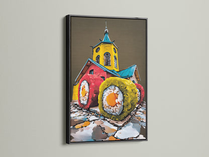 Black frame showcasing sushi art. The Japanese food canvas is a modern decor choice. It suits studios cafes and dining areas. This colorful artwork makes a statement as kitchen wall art and dining room decor for art collectors.