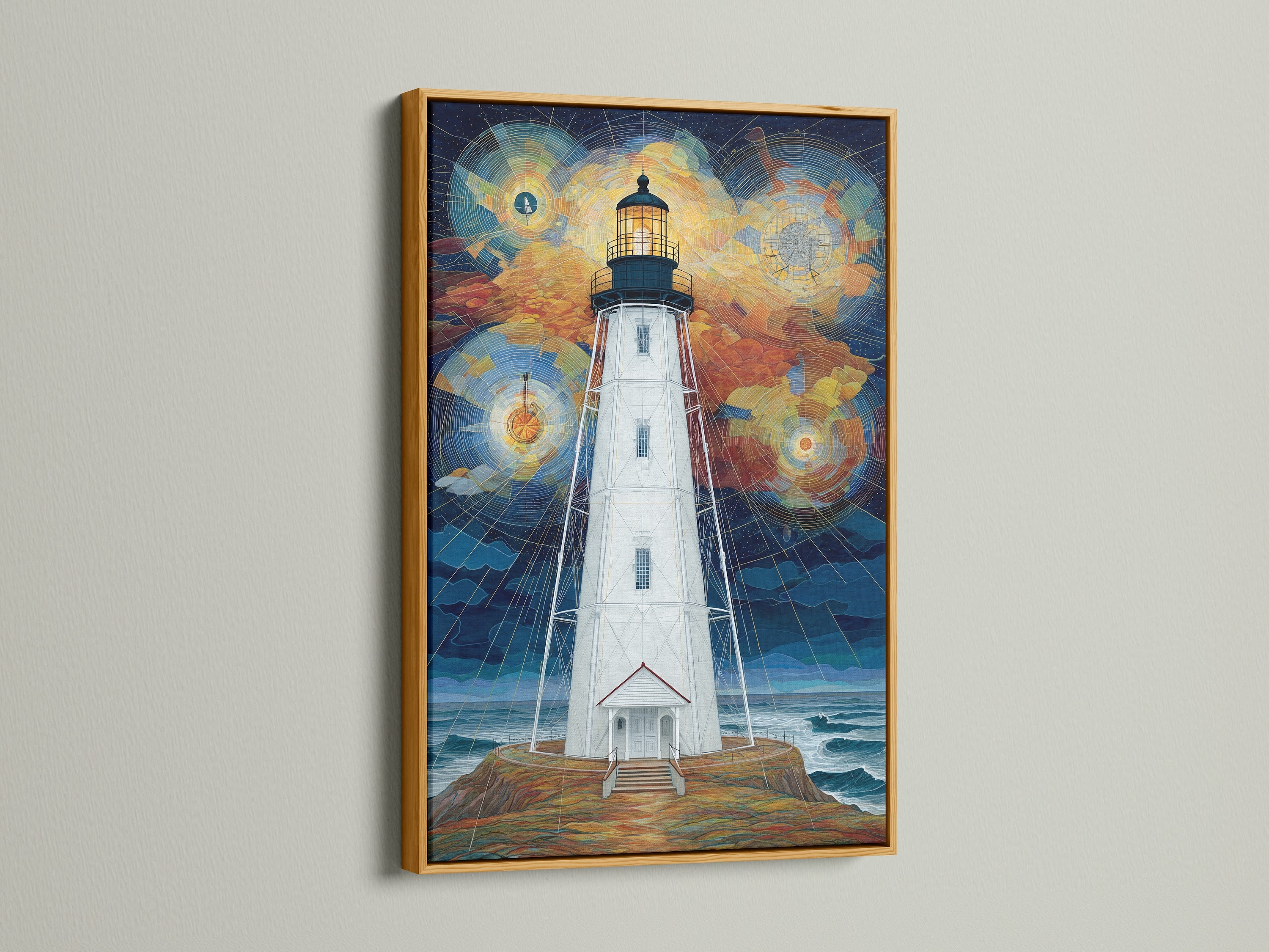 Lighthouse geometric sky artwork with a gold frame. This artwork features a lighthouse with a colorful geometric sky. The gold frame adds a touch of elegance to this nautical art. Perfect for coastal home decor. This piece enhances living rooms bedrooms and beach houses.