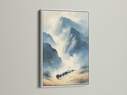 Artwork with a white frame. This mountain landscape print enhances any room. The neutral tones create a serene environment. The white frame provides a clean modern look. It is ideal for contemporary styles. This buffalo art is suitable for bedroom wall decor. Its design makes it a versatile piece for various settings. The white frame adds elegance.