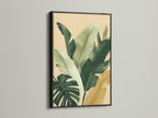 Artwork featuring lush green leaves is displayed in a black frame. The black frame adds a bold and sophisticated touch. This frame creates a striking contrast. It highlights the artwork's details. Ideal for contemporary spaces.