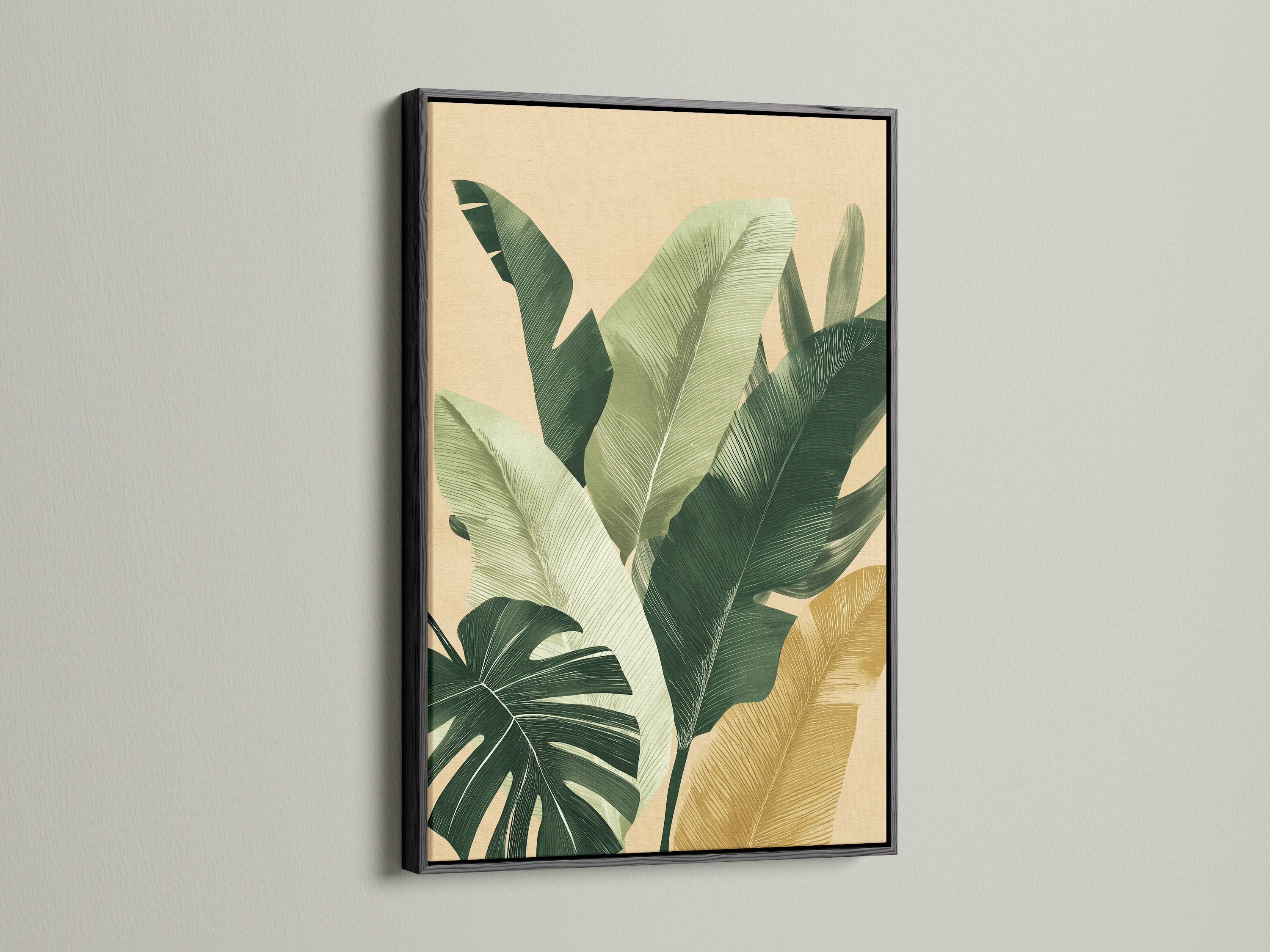 Artwork featuring lush green leaves is displayed in a black frame. The black frame adds a bold and sophisticated touch. This frame creates a striking contrast. It highlights the artwork's details. Ideal for contemporary spaces.