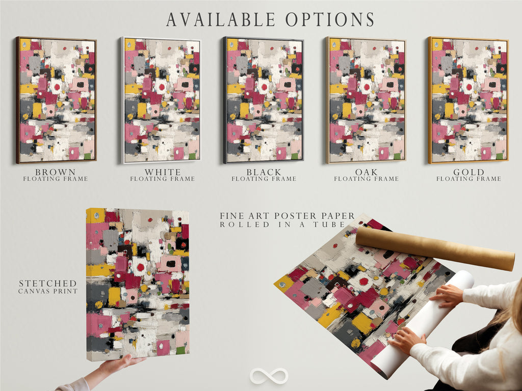 Available options for abstract colorful artwork. Choose from stretched canvas print fine art poster paper or floating frame. Modern geometric print to suit any style. Pink yellow decor for contemporary spaces.
