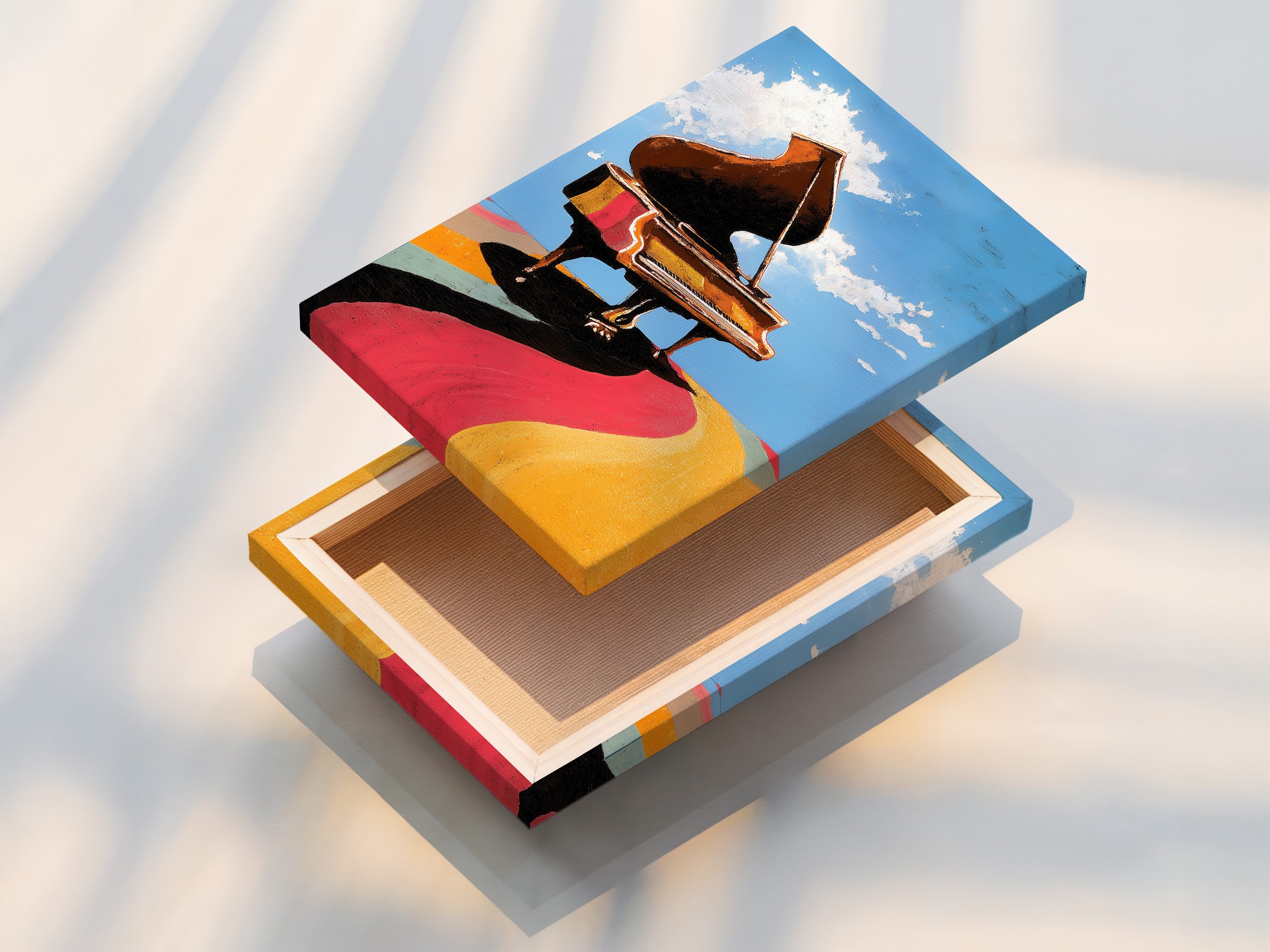 This is a stretched canvas print of the piano artwork. The canvas is stretched tightly over a wooden frame. This provides a gallery-ready look for your walls. The artwork's colors and details are enhanced on canvas. Enjoy a high-quality art piece that's ready to hang and admire.