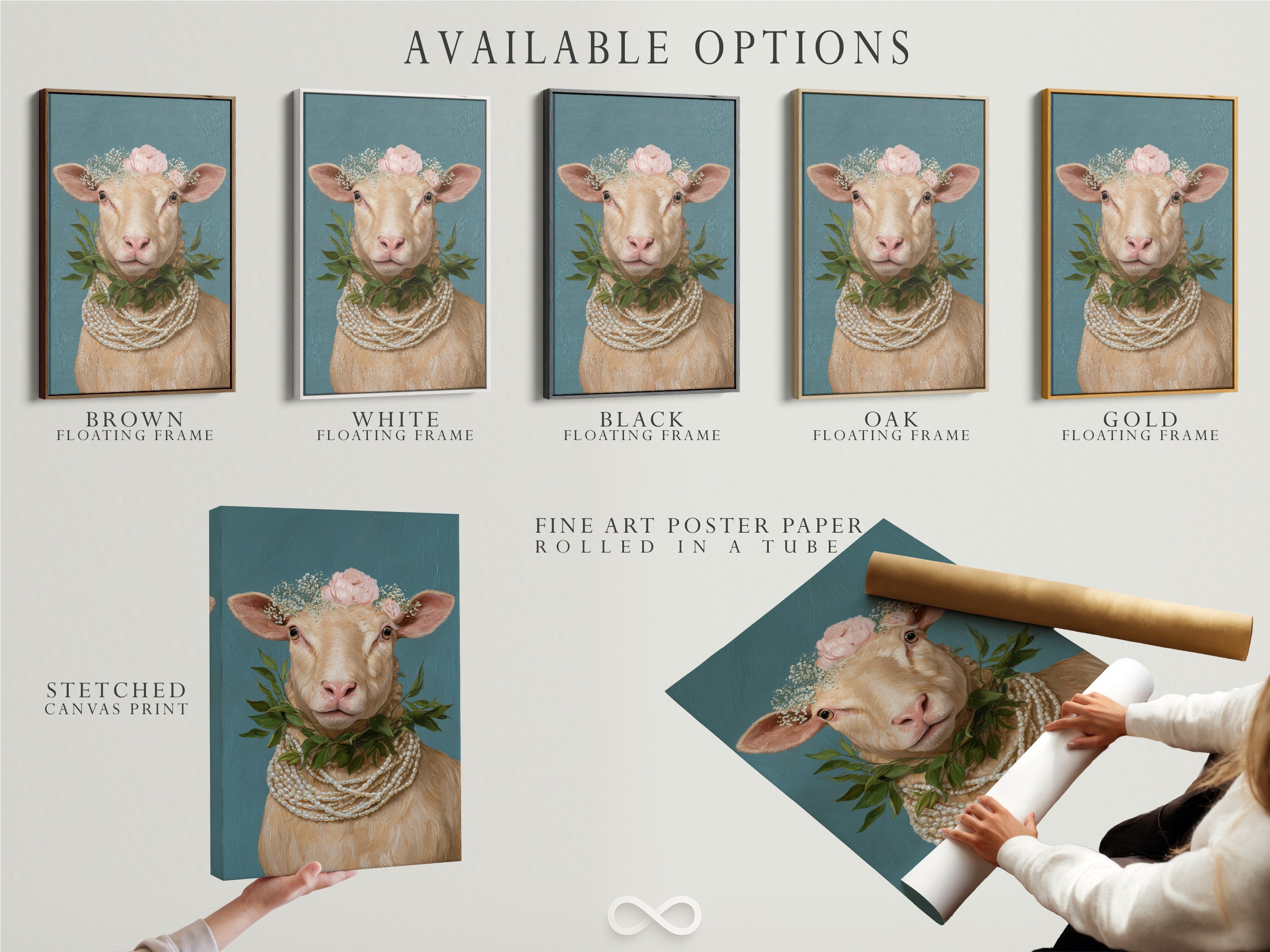 Explore available options for whimsical sheep artwork. Choose between a stretched canvas print fine art poster paper or a floating frame. The floral crown and pearl necklace enhance this Country Wall Art for Nursery Wall Decor.