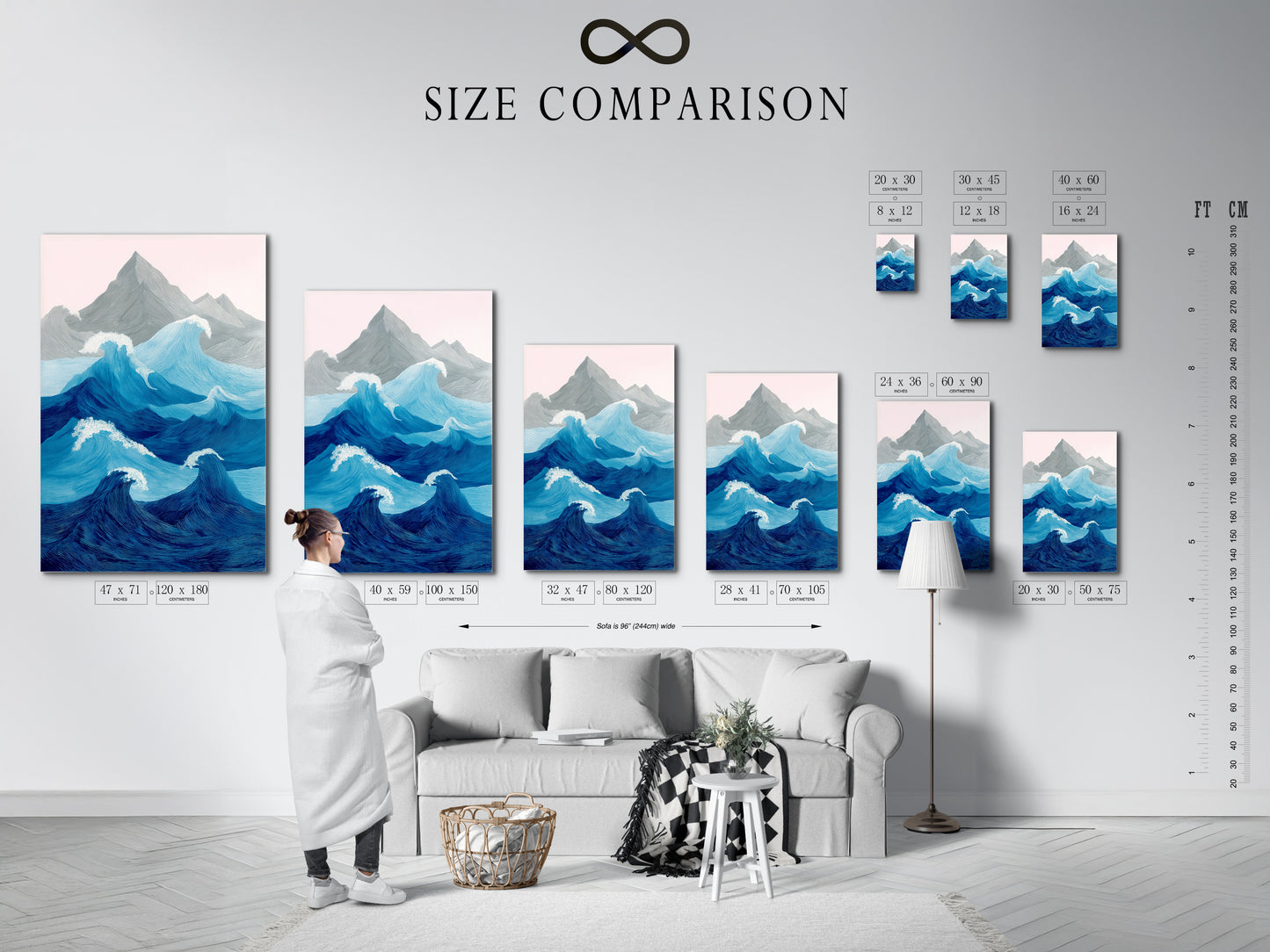 The photo shows a size comparison chart in an interior setting. The chart helps visualize the different sizes. It can help choose the perfect artwork for the space. The interior is modern and stylish. The artwork complements the decor. The chart makes it easy to find the right fit. This is a helpful tool for art buyers. It ensures a perfect match for any room