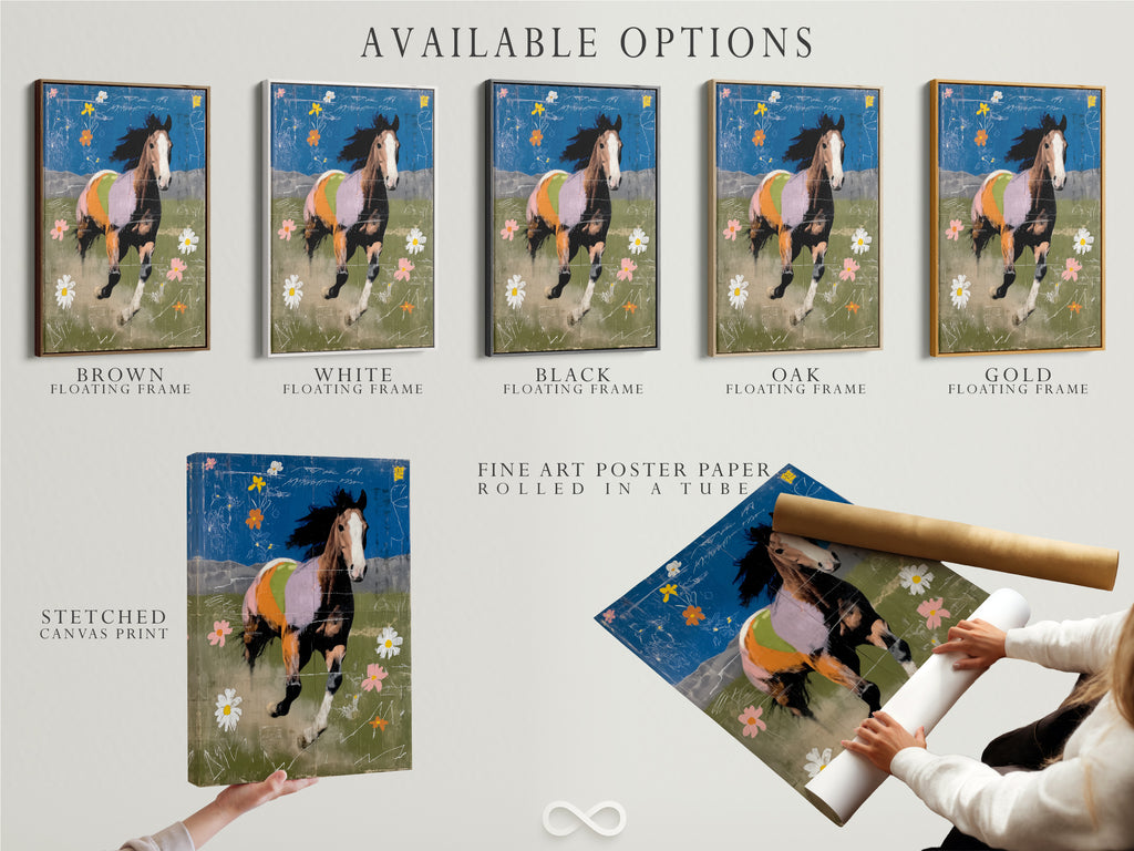 Available options: stretched canvas print fine art poster paper and floating frame. Choose the perfect format to showcase your abstract horse art. These are great for your decor.