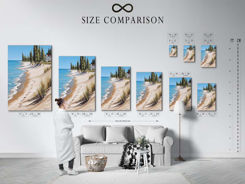 Size Comparison Chart in an Interior Setting. This chart helps visualize how coastal beach house artwork fits in your space. Choose the perfect size for your ocean view print. Ideal for planning beach house decor.