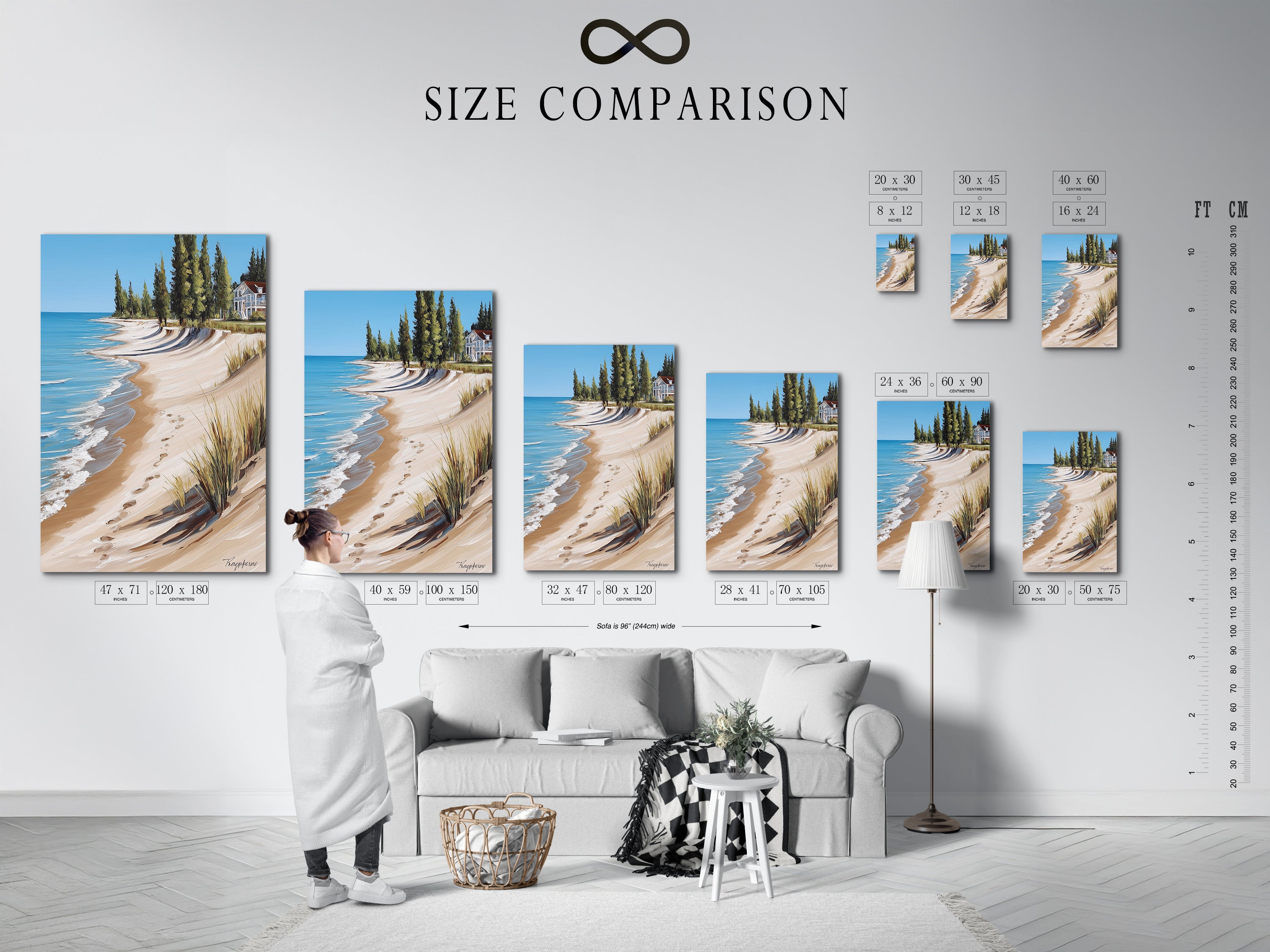 Size Comparison Chart in an Interior Setting. This chart helps visualize how coastal beach house artwork fits in your space. Choose the perfect size for your ocean view print. Ideal for planning beach house decor.