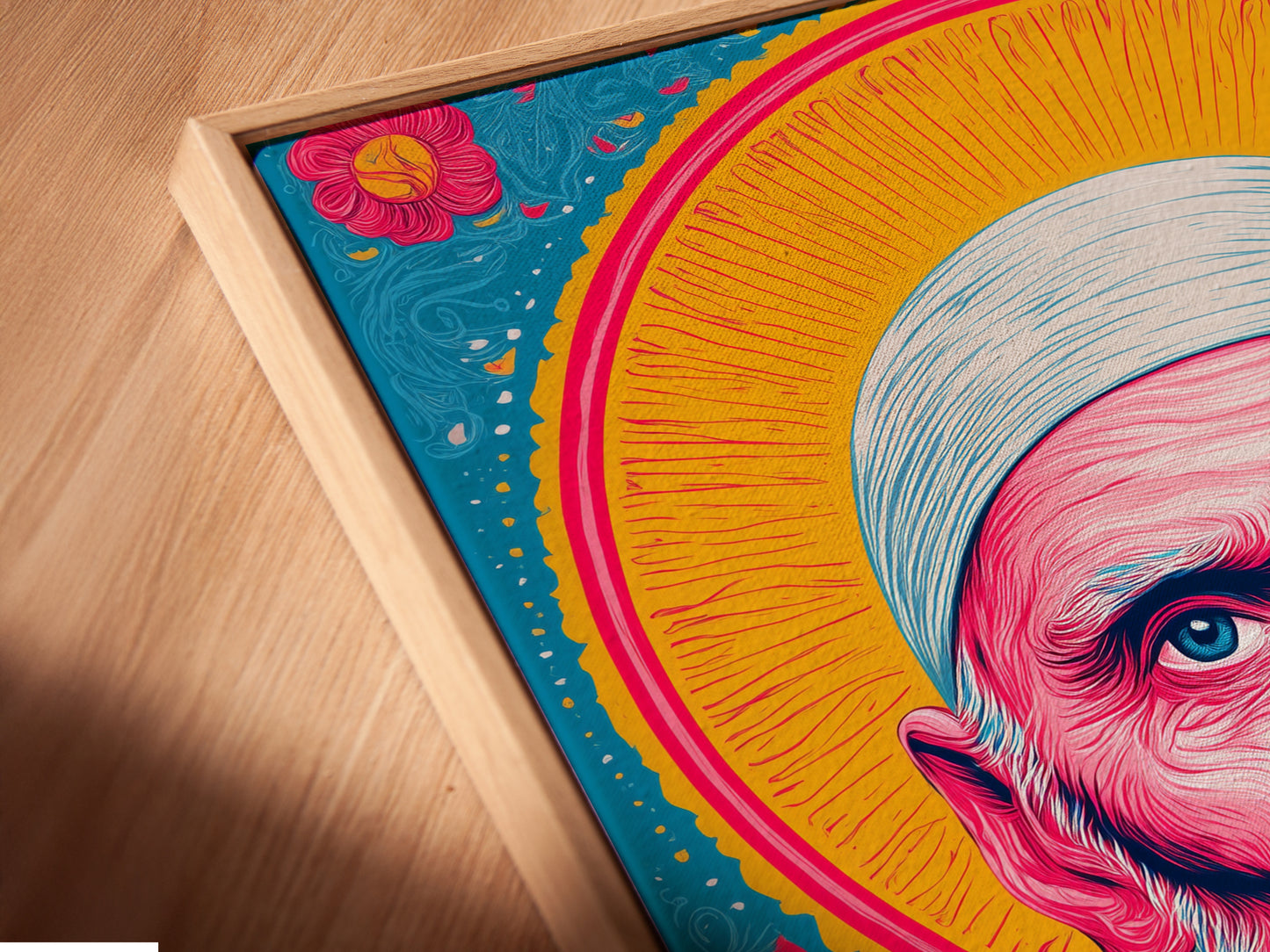 A close-up showcases a canvas print in a floating frame. The floating frame enhances the priest portrait creating a gallery-like effect. This modern display style is perfect for showcasing religious art. The artwork appears to float adding depth to the piece. Ideal for church office decor.