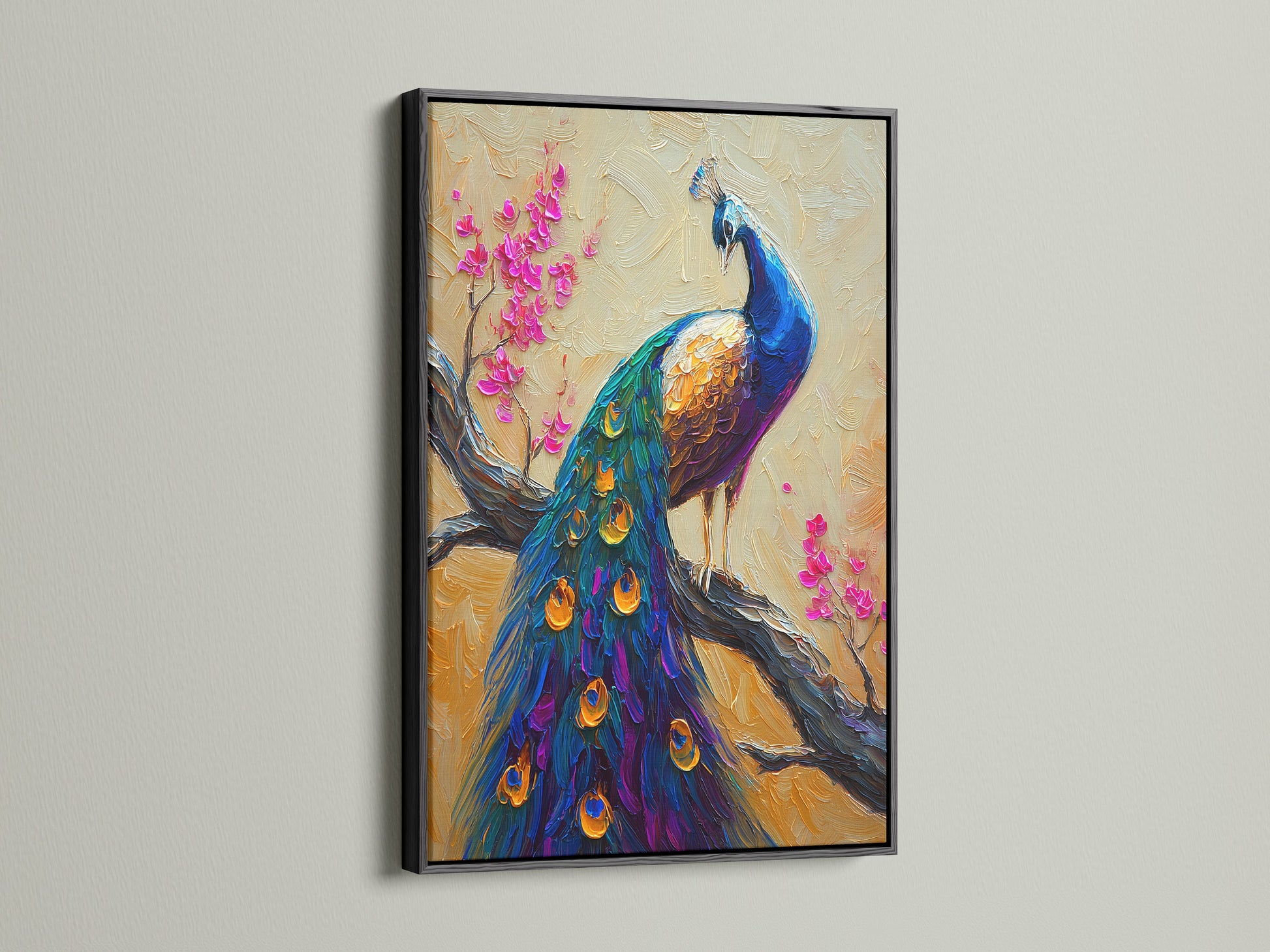 A striking peacock artwork is presented in a black frame. The black frame adds a touch of sophistication. The art has a peacock with blue and gold feathers. The piece is set against a neutral background with pink flowers.