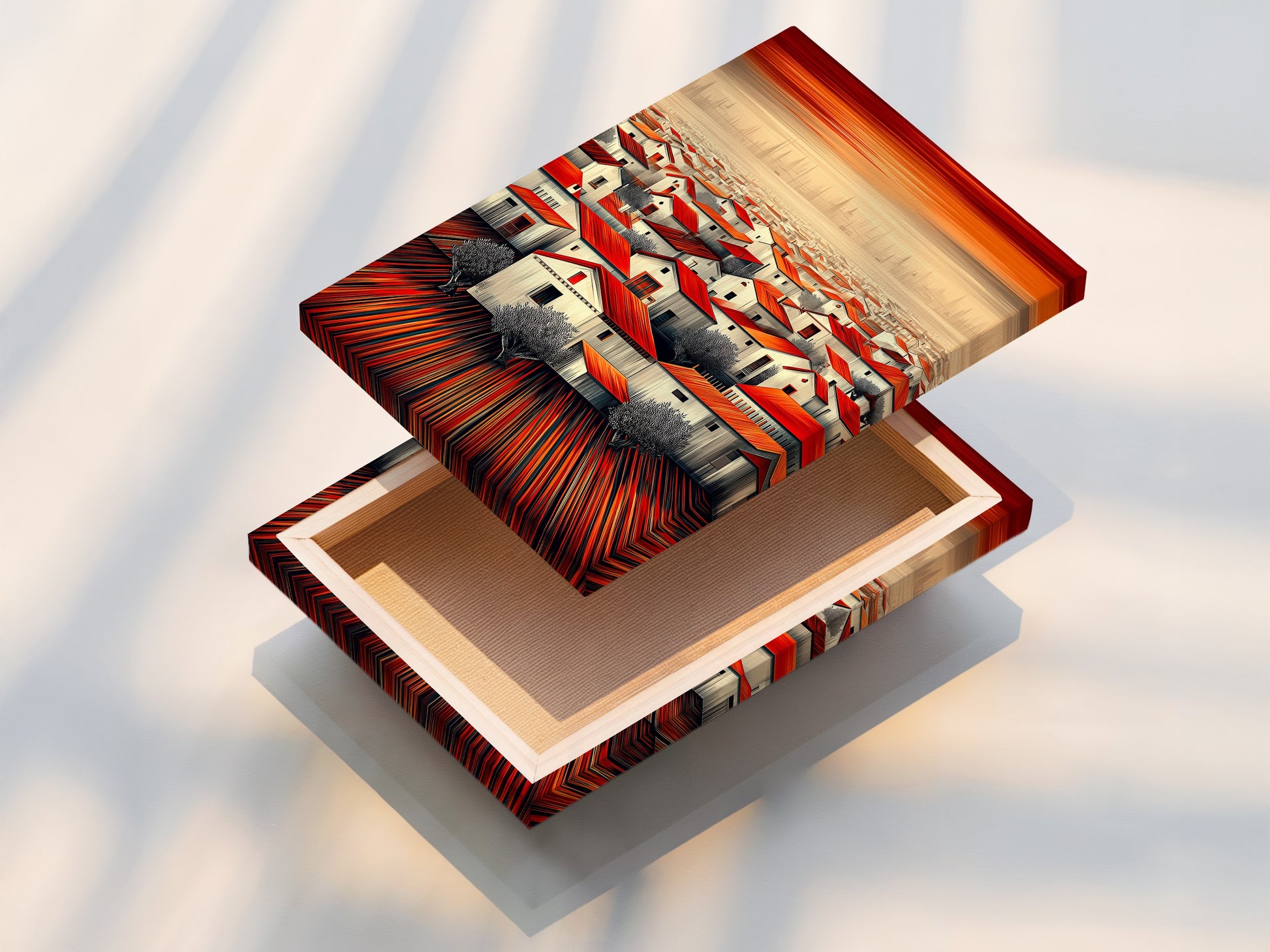 The 'Red Roof Village' is a stretched canvas print ready to hang. The rustic landscape artwork is stretched on a durable frame. This Mediterranean town scene is perfect for adding warmth to your home decor. No framing needed.