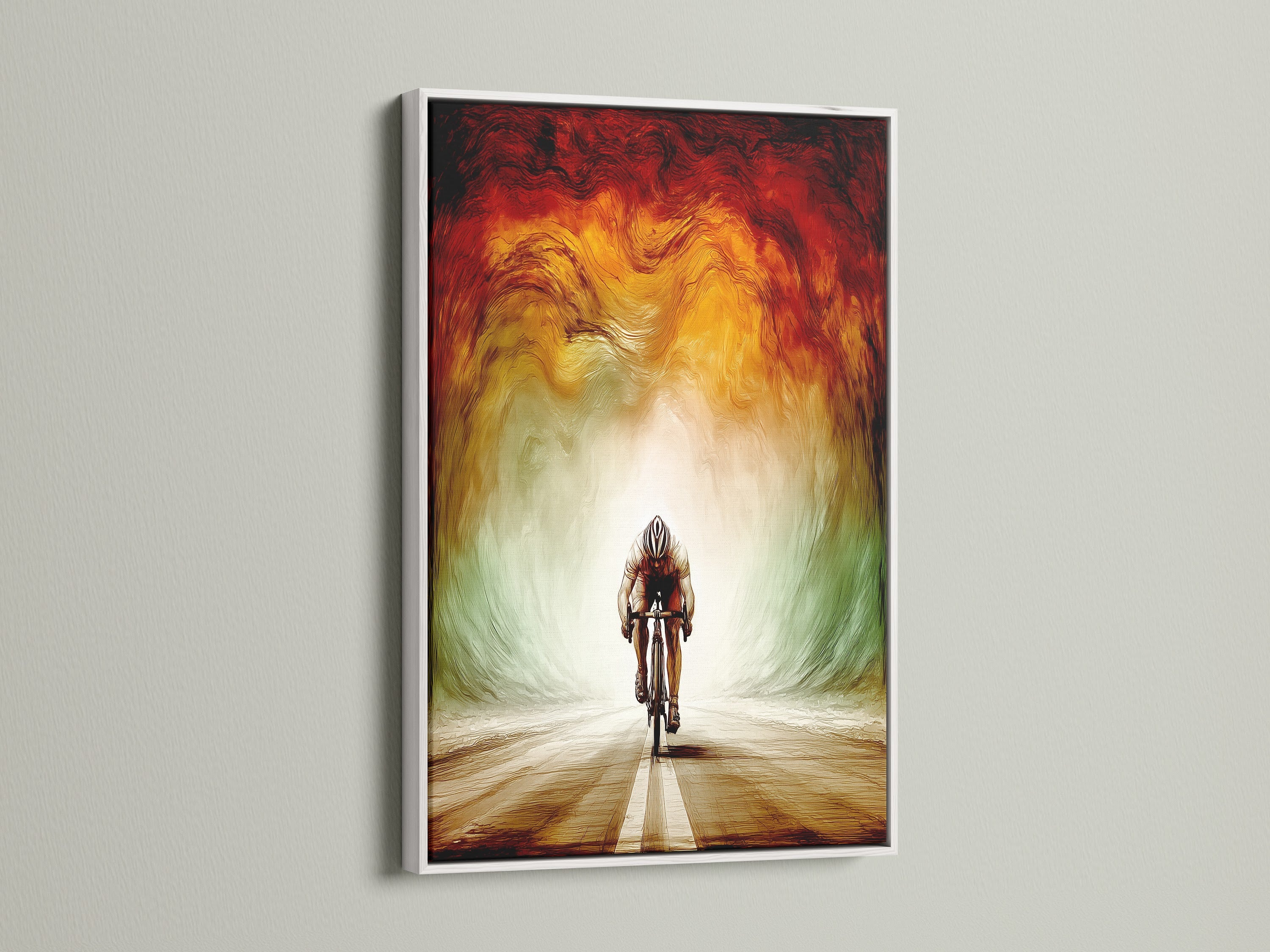 Cycling art canvas print in a white frame. This modern sport artwork enhances any room. The white frame offers a clean look. Ideal for fitness decor in home gyms or offices. The abstract canvas adds energy.