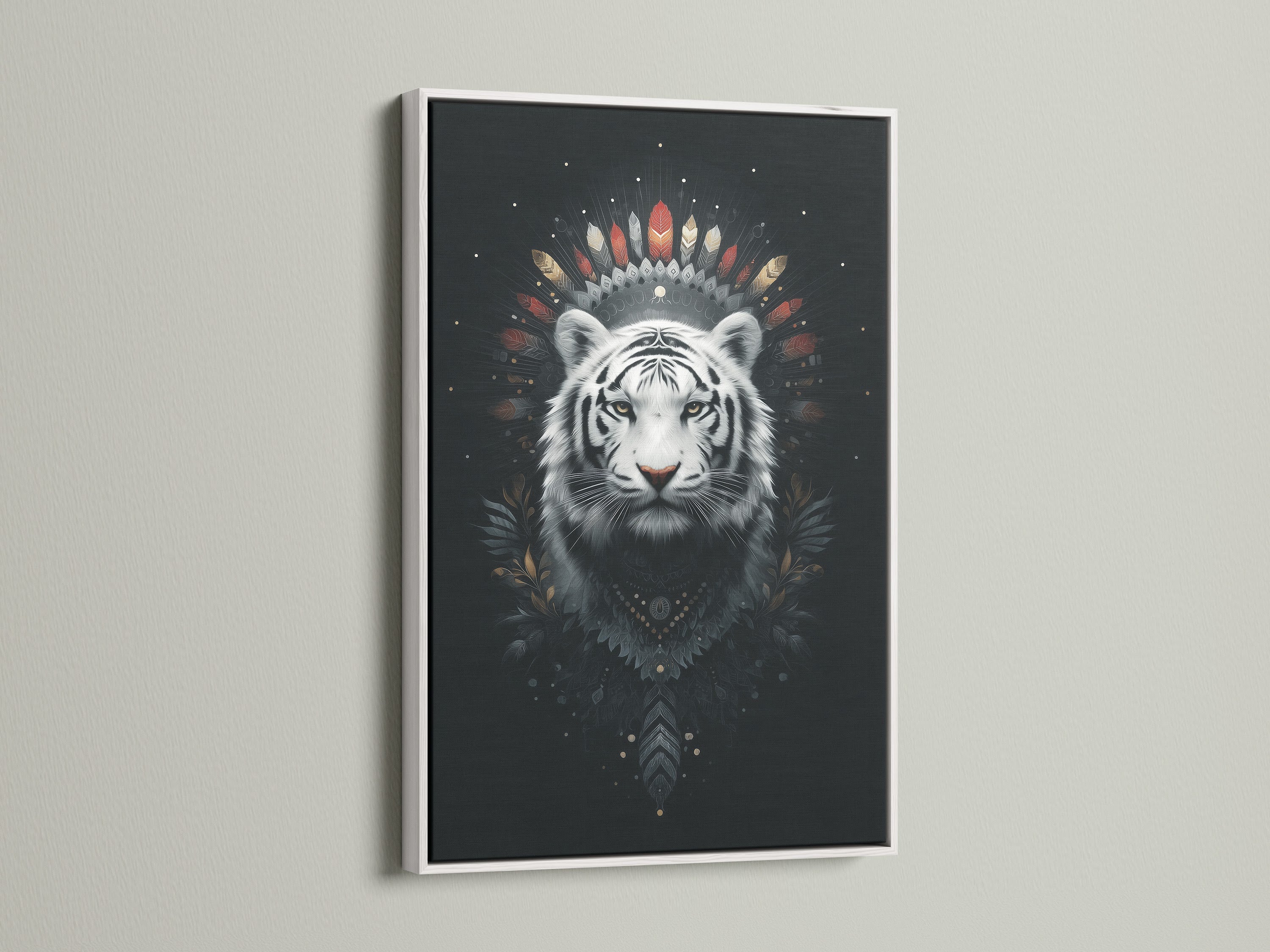 The white frame enhances the mystical white tiger artwork. This boho tribal wall art is perfect for creating a serene atmosphere. The white frame offers a clean contemporary look. Transform your space with this spiritual wall art.