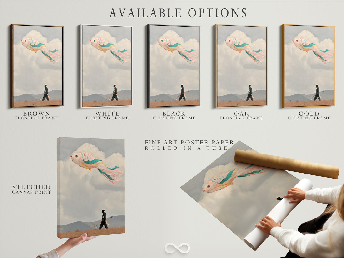 Available options include a stretched canvas print fine art poster paper and a floating frame. The surreal flying fish artwork can be customized to fit any space. Choose the option that best enhances the artwork's dreamlike quality. Each choice brings a unique touch. It is perfect for coastal minimalist or eclectic styles.