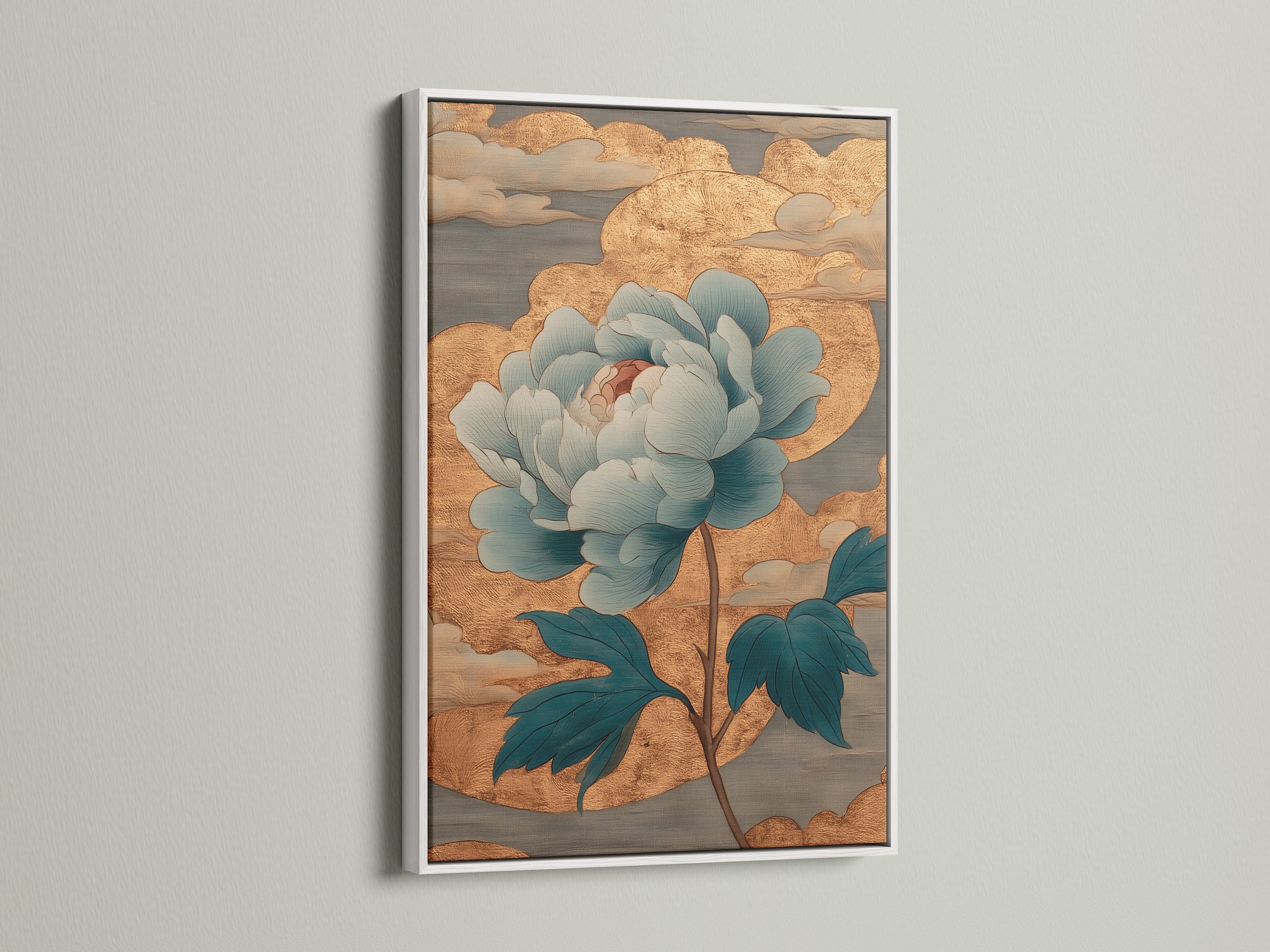 White frame featuring a floral artwork. The clean white finish highlights the art. This frame offers a modern and minimalist style. Ideal for various interior settings. The white frame enhances any space.