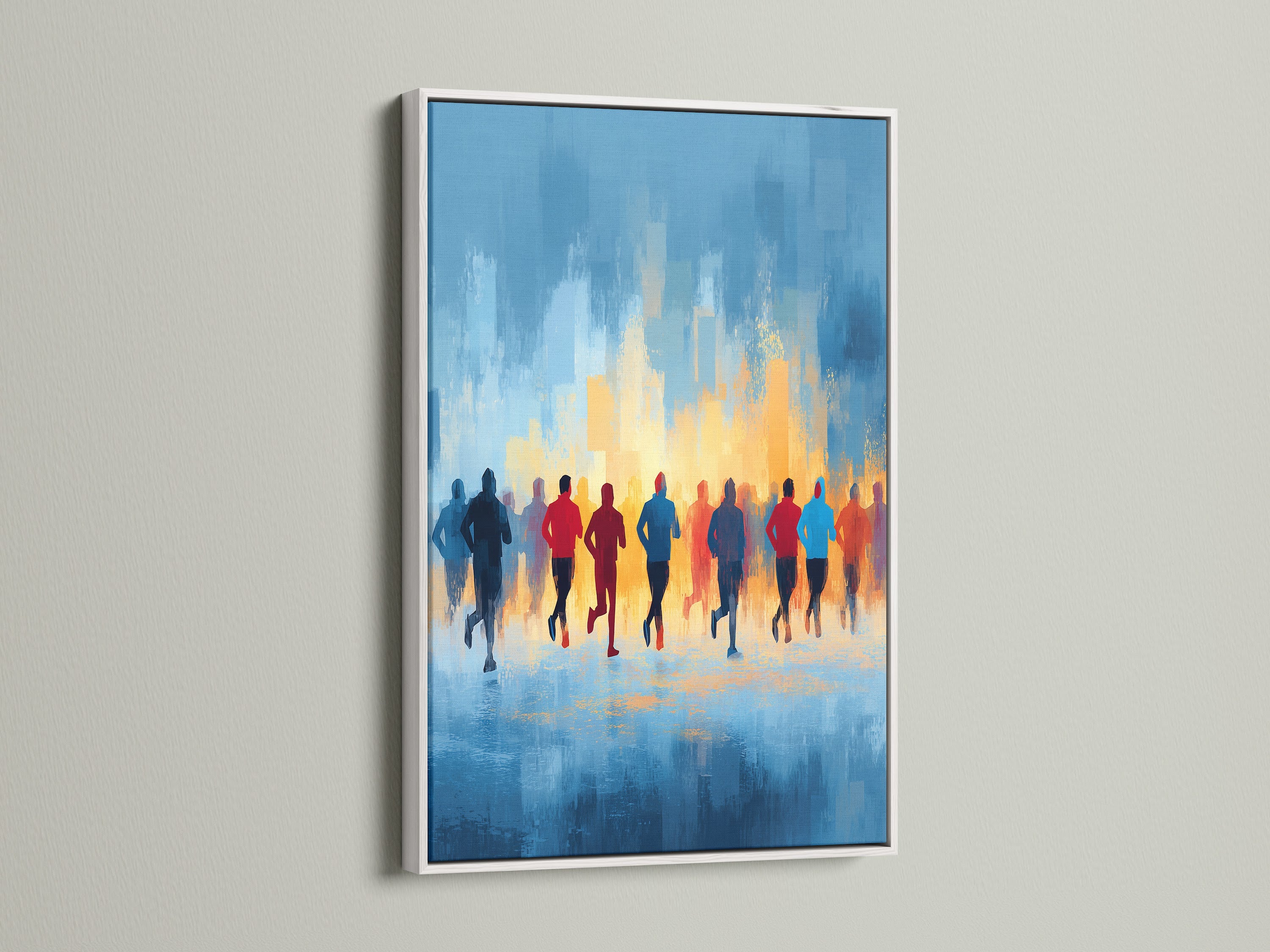 Marathon runners artwork showcased in a clean white frame. This sports wall art features an abstract design in blue and orange. Great for adding a motivational touch to any room. Perfect for fitness studios or home gyms. Bring energy and inspiration to your walls.