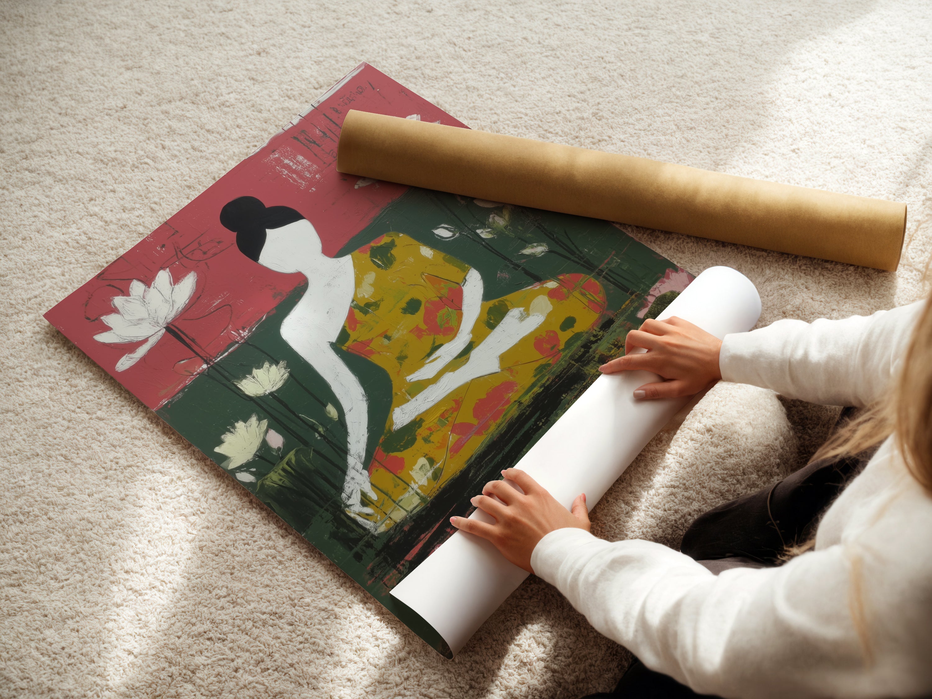 A woman carefully rolls a fine art poster paper print. The poster features a serene Buddha figure and lotus flowers. This meditation art is perfect for creating a peaceful environment. It enhances yoga studios wellness centers and home offices. Bring tranquility to your space.