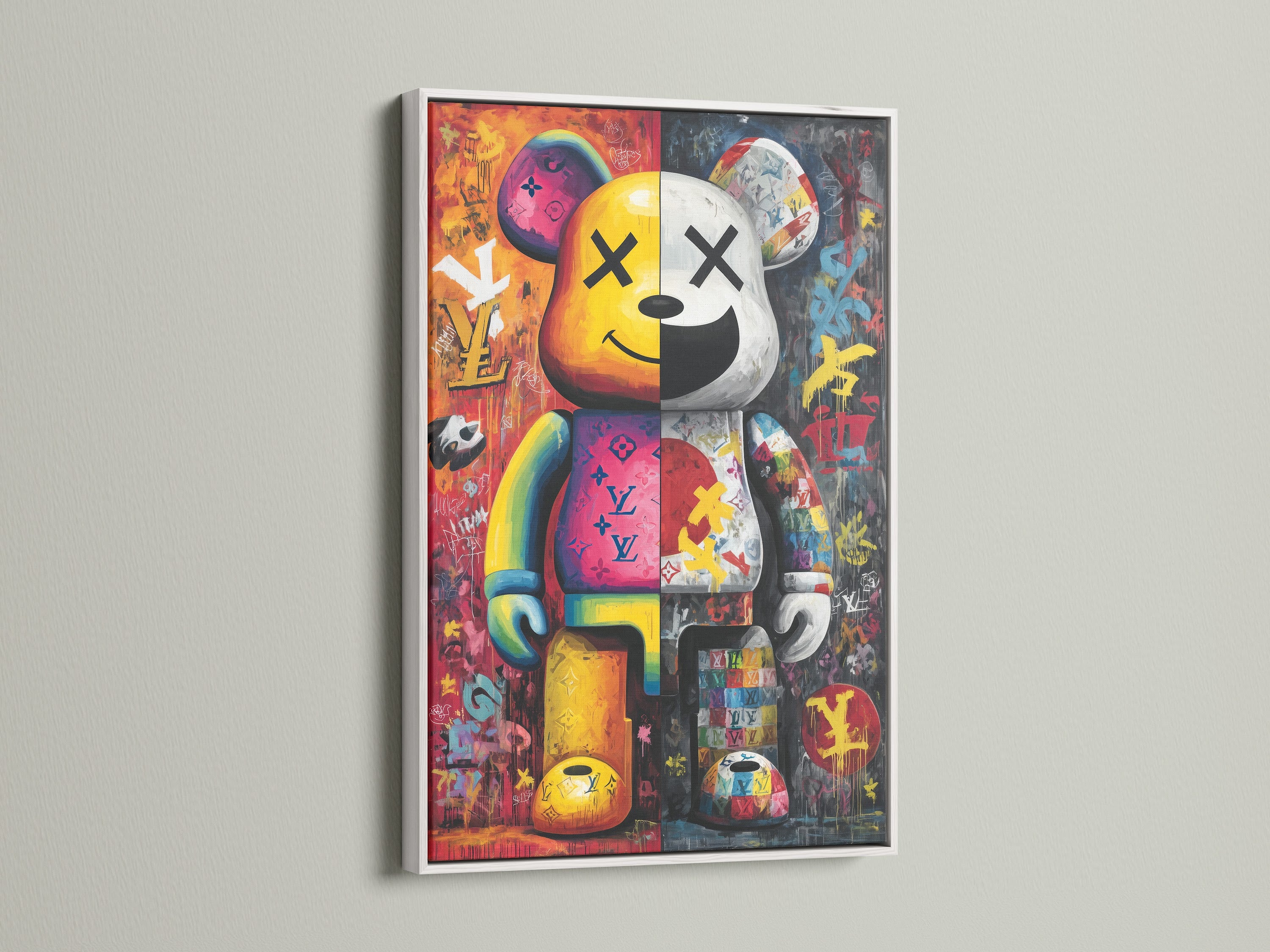 Kaws Companion in a white frame. The graffiti wall art showcases a unique bear character. This modern wall decor is perfect for any space. The white frame provides a clean contemporary look.
