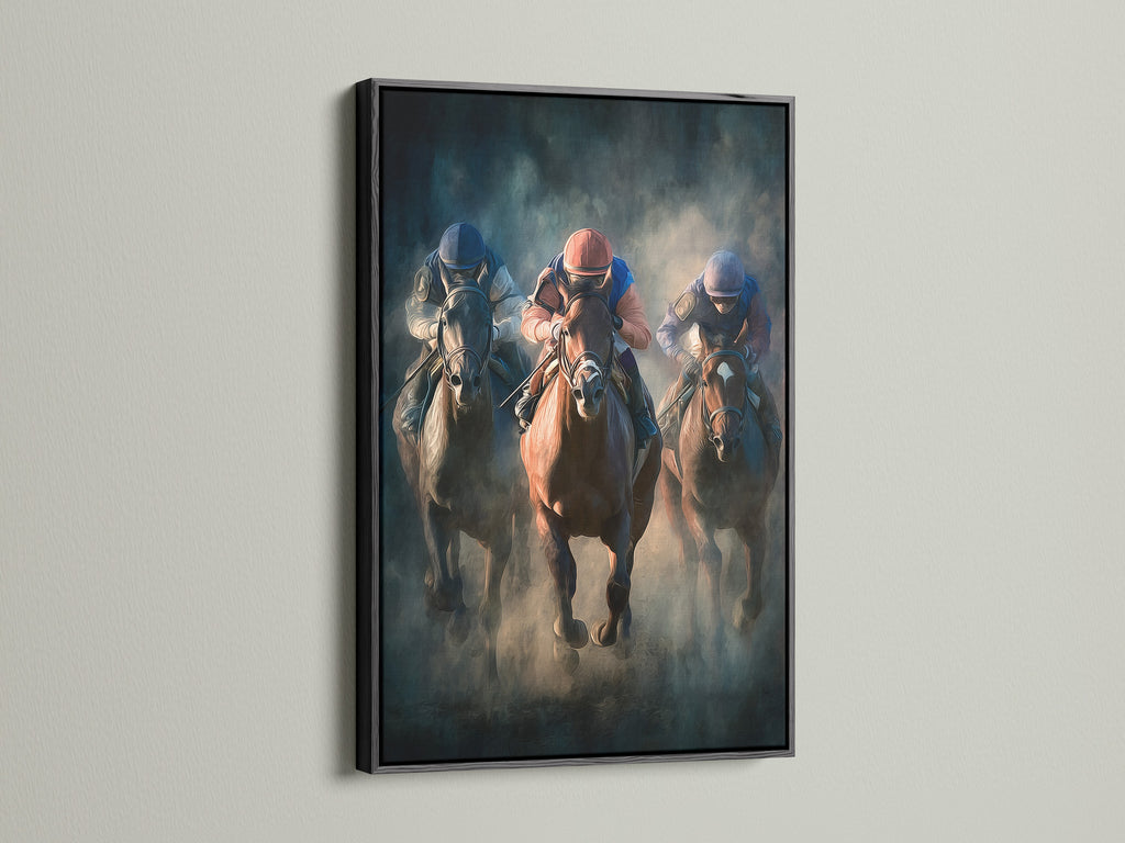 Artwork with a black frame. The artwork shows a horse race. The black frame provides a bold and classic touch. It creates a strong contrast with the artwork. This is ideal for making a statement. It gives a gallery-like feel.