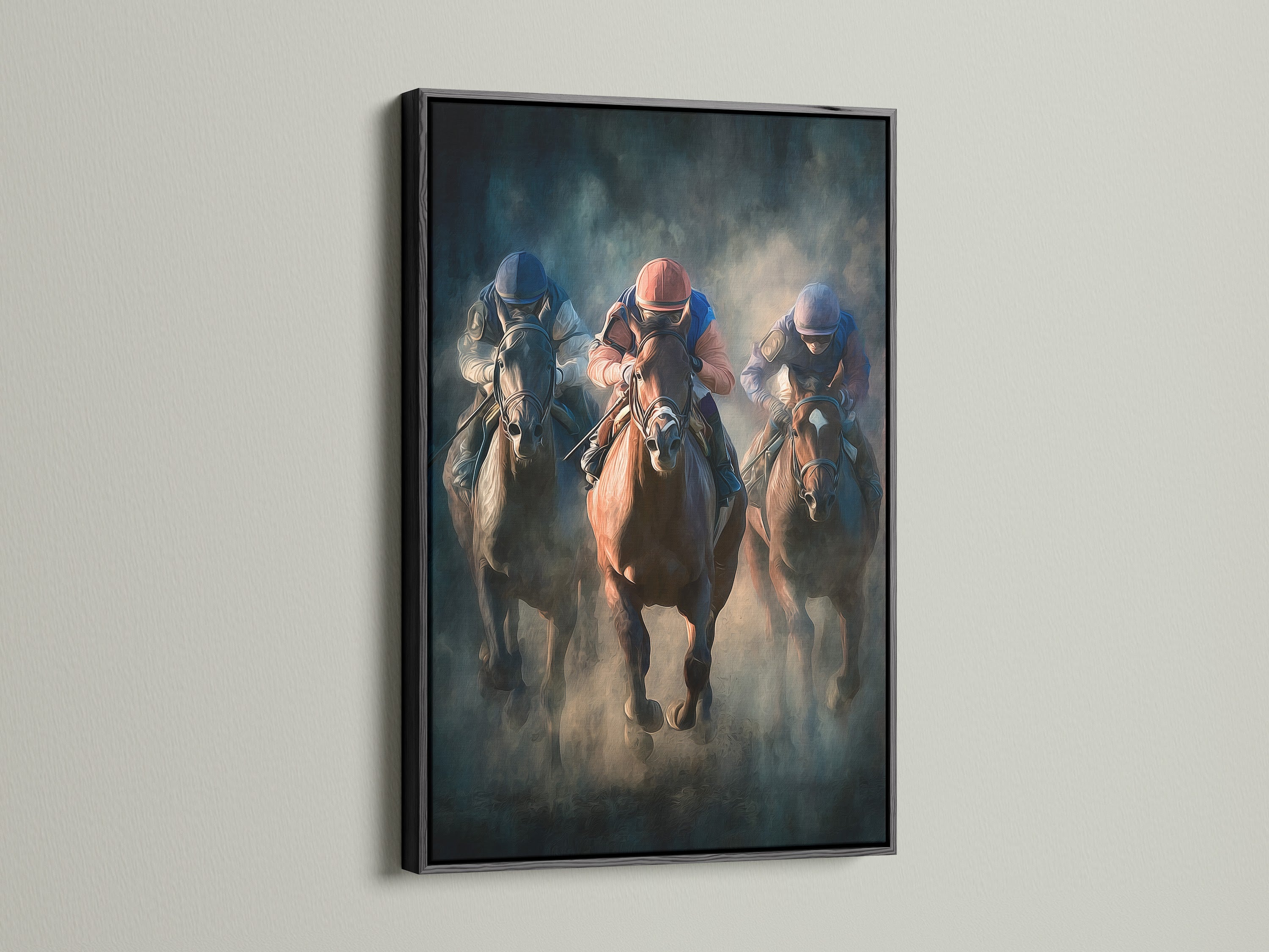 Artwork with a black frame. The artwork shows a horse race. The black frame provides a bold and classic touch. It creates a strong contrast with the artwork. This is ideal for making a statement. It gives a gallery-like feel.