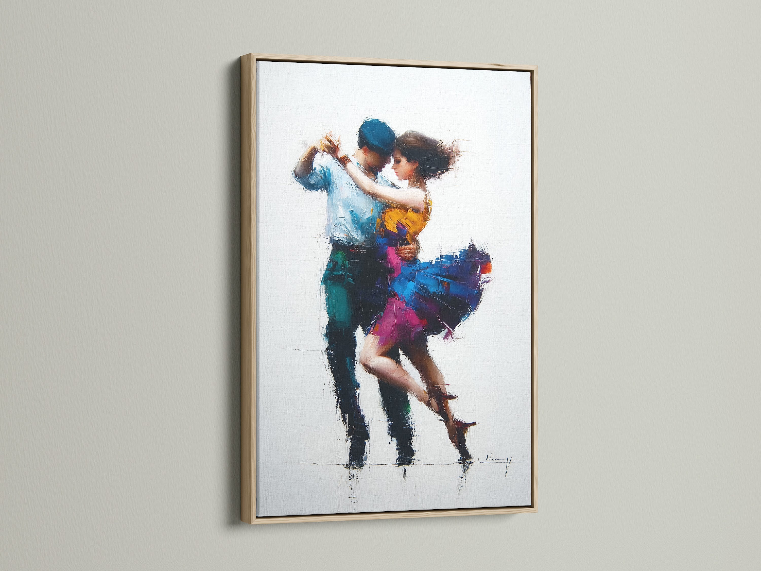 Artwork showcasing a couple dancing is framed in oak. The oak frame enhances the artwork. This creates a warm inviting atmosphere. Perfect for living rooms or bedrooms. It is a great way to express your style.