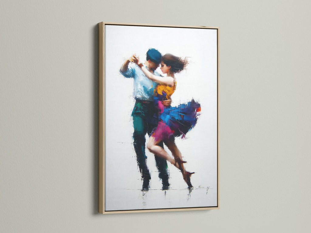 Artwork is beautifully displayed in an oak frame. The art print depicts a dancing couple. The oak frame adds warmth and enhances any interior. This frame is a great way to showcase your favorite art prints. It will elevate your artwork with a touch of nature.