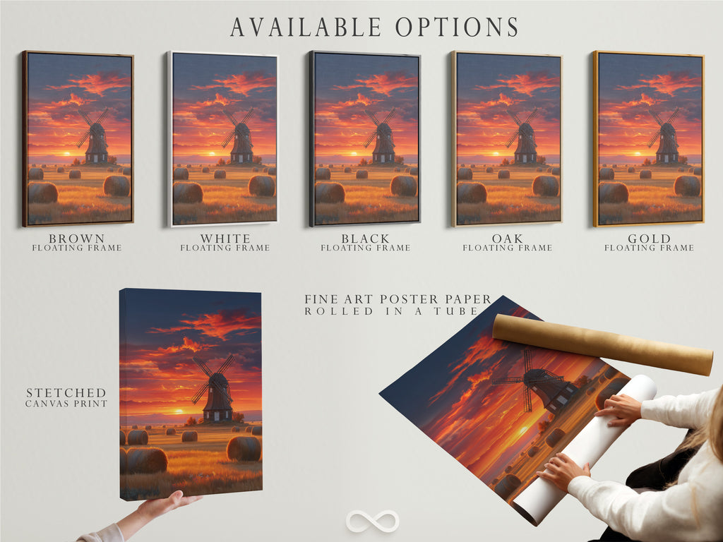 Available options include a stretched canvas print. Also fine art poster paper and floating frame options. Choose your preferred style to showcase this Dutch countryside windmill sunset artwork.