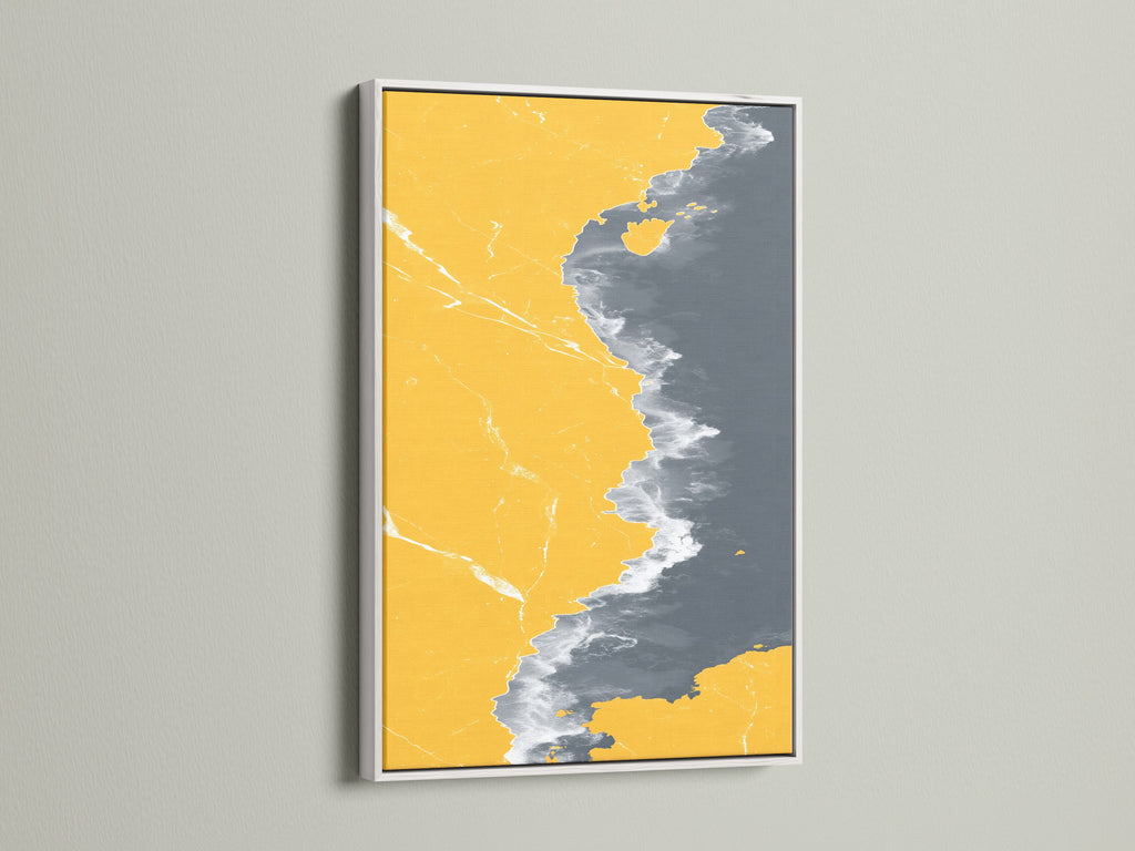 Abstract Coastline Artwork displayed in a White Frame. Modern print featuring mustard yellow and gray. This seascape art adds a fresh and clean look to your home decor. A beautiful piece of coastal artwork.