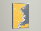 Abstract Coastline Artwork displayed in a White Frame. Modern print featuring mustard yellow and gray. This seascape art adds a fresh and clean look to your home decor. A beautiful piece of coastal artwork.