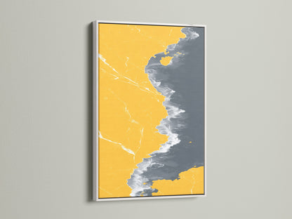 Abstract Coastline Artwork displayed in a White Frame. Modern print featuring mustard yellow and gray. This seascape art adds a fresh and clean look to your home decor. A beautiful piece of coastal artwork.