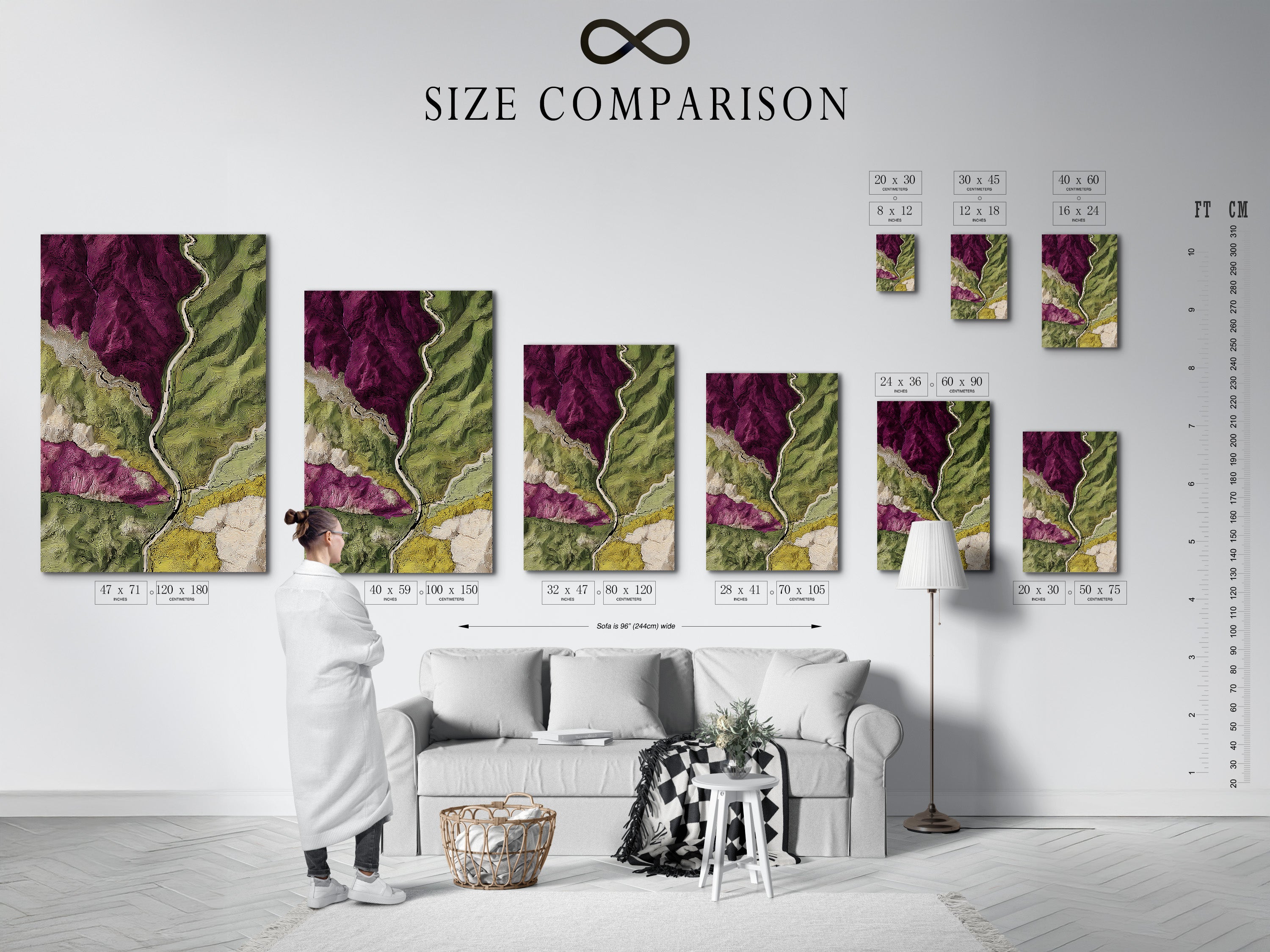 A size comparison chart is shown in an interior setting. The chart displays various artwork dimensions. This helps visualize how each size fits in a room. Use this chart to select the perfect size for your space. Make an informed decision with our visual guide.
