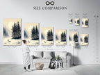 A size comparison chart is displayed in an interior setting. Compare the different sizes available for the crane Japanese ink wash art. Find the perfect fit for your living room bedroom or office. Choose the ideal size to complement your existing decor. Transform your space with this elegant Asian art print.