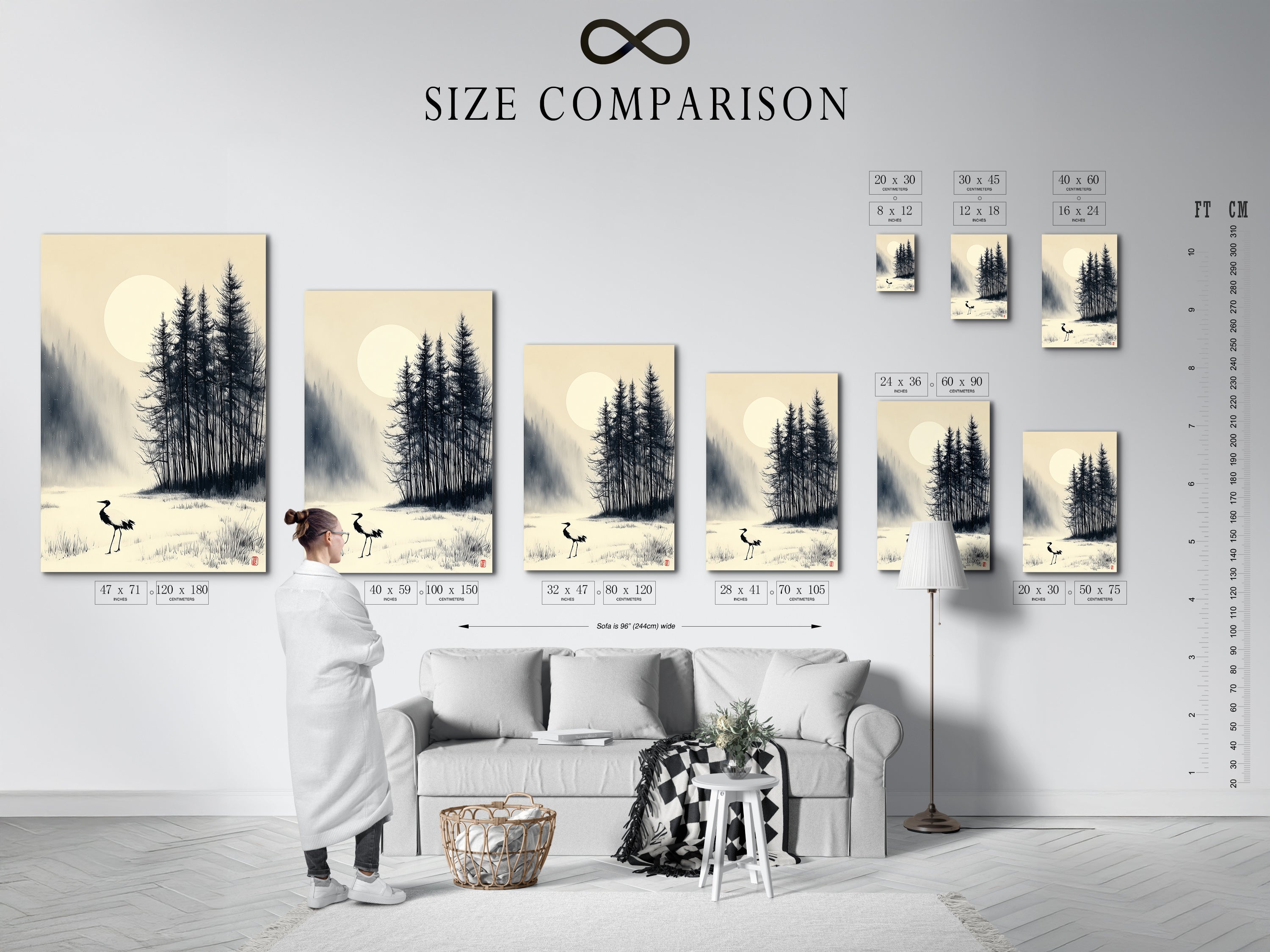 A size comparison chart is displayed in an interior setting. Compare the different sizes available for the crane Japanese ink wash art. Find the perfect fit for your living room bedroom or office. Choose the ideal size to complement your existing decor. Transform your space with this elegant Asian art print.