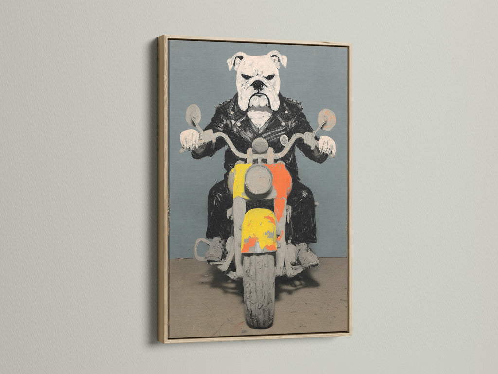 Bulldog Biker artwork in an oak frame. This cool dog motorcycle wall art adds a touch of pop art to any space. Ideal for adding character to your man cave garage or themed rooms.