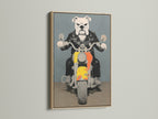 Bulldog Biker artwork in an oak frame. This cool dog motorcycle wall art adds a touch of pop art to any space. Ideal for adding character to your man cave garage or themed rooms.