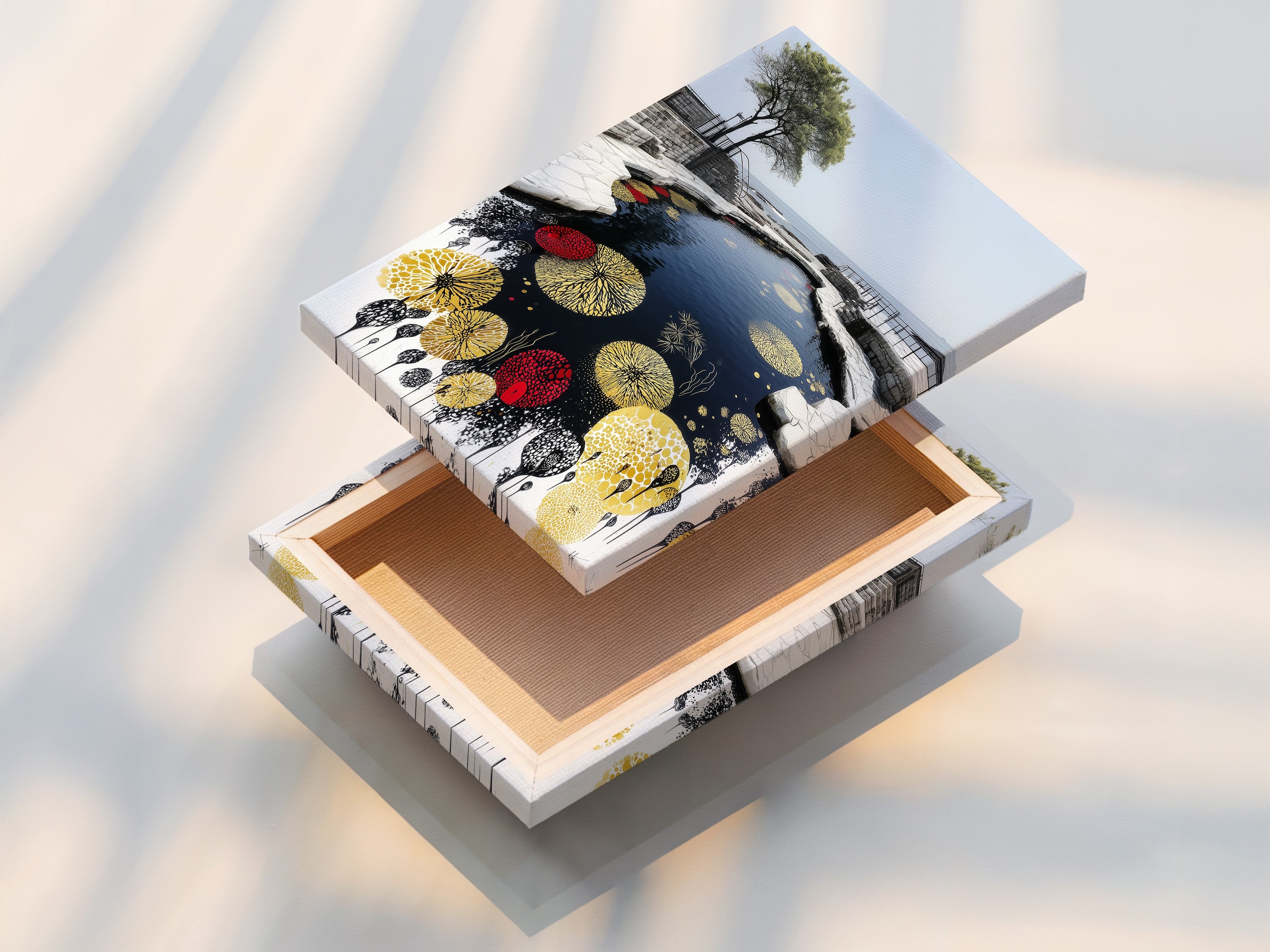 A stretched canvas print displays vibrant colors and sharp details. The canvas enhances the Japanese Zen Garden Art. This is a ready-to-hang option. It brings tranquility and style to any living room or bedroom