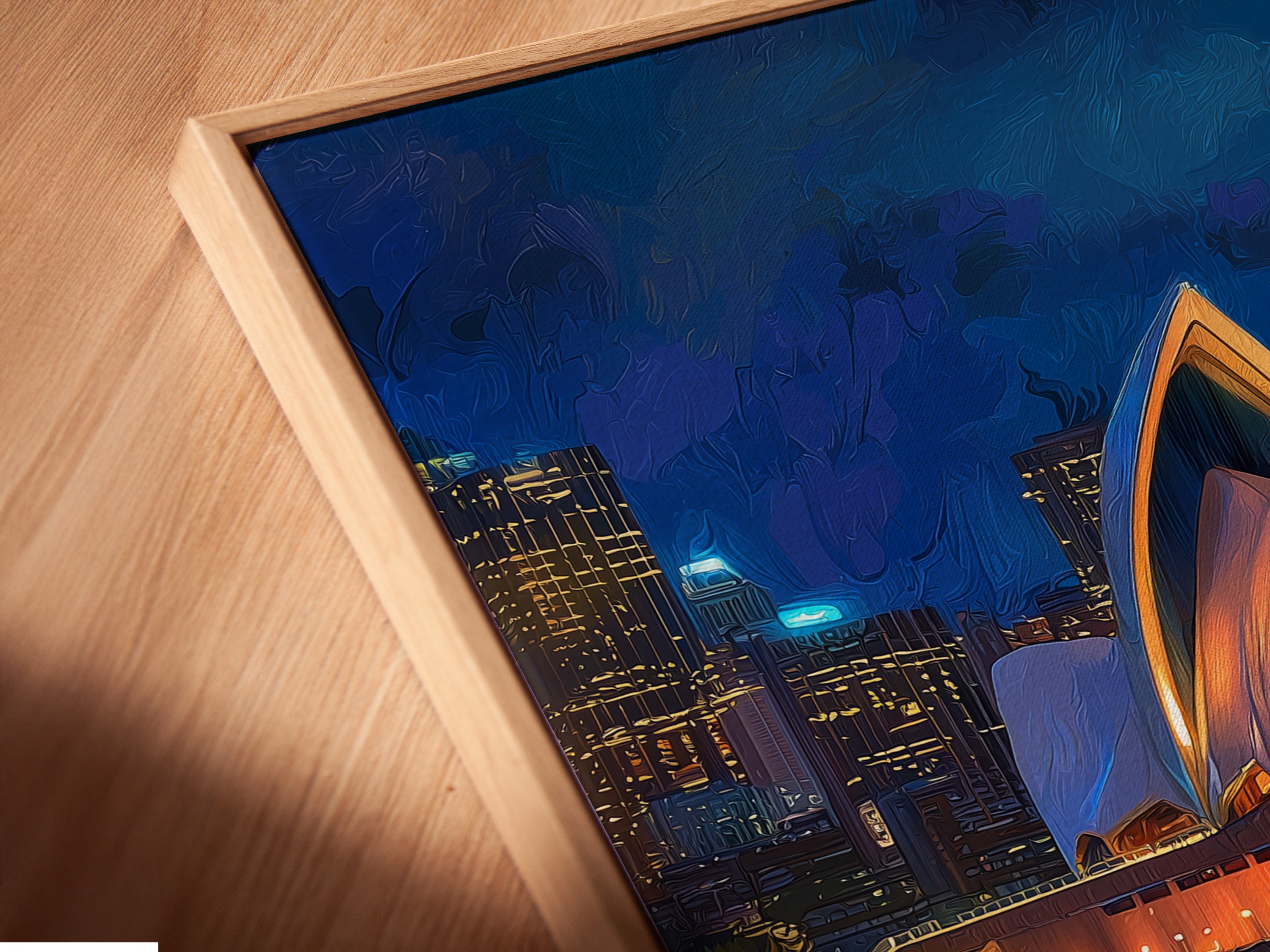 Get a detailed view of a canvas print in a floating frame. The artwork appears to hover within the frame. It creates a modern and elegant display. See the quality and craftsmanship up close in this unique view