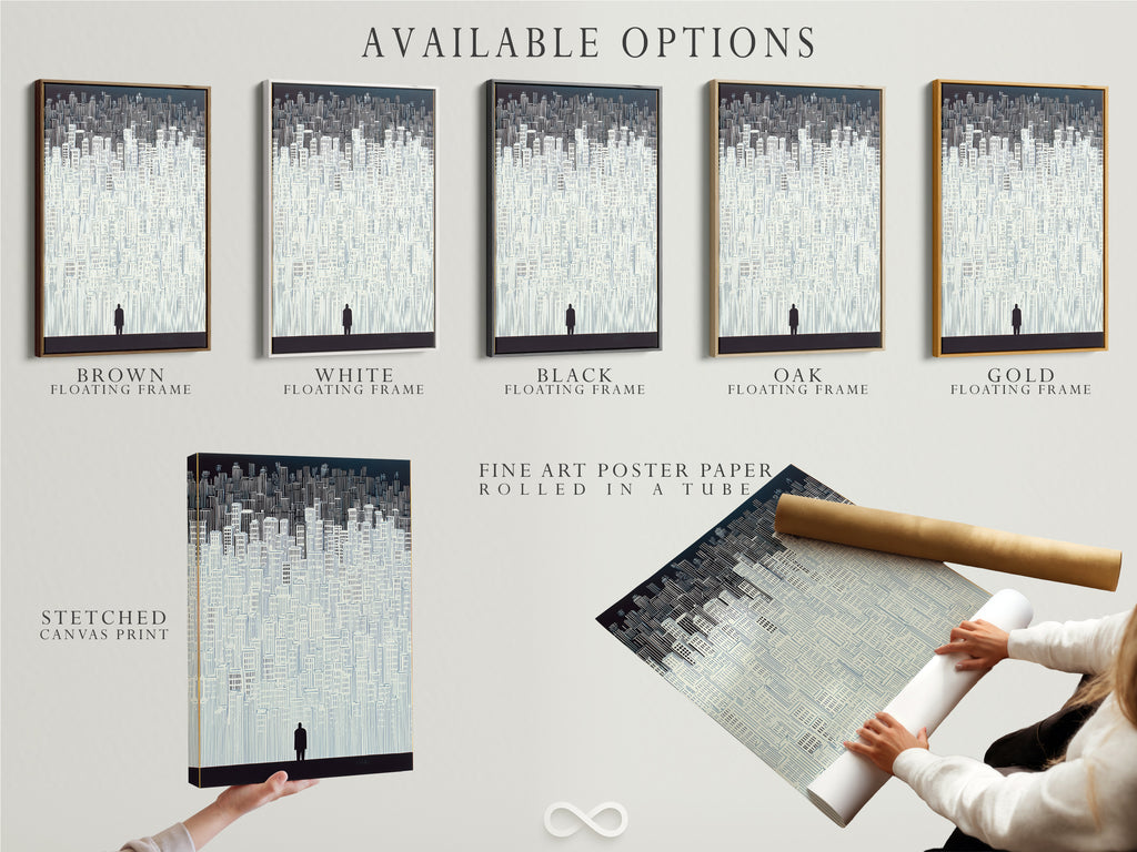Available options include a stretched canvas print fine art poster paper and floating frame. Choose the perfect format for your cityscape artwork. Each option enhances the artwork's appeal. Elevate your home with minimalist building wall art. The urban silhouette poster is versatile.