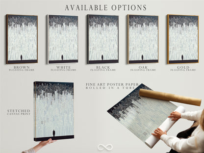 Available options include a stretched canvas print fine art poster paper and floating frame. Choose the perfect format for your cityscape artwork. Each option enhances the artwork's appeal. Elevate your home with minimalist building wall art. The urban silhouette poster is versatile.