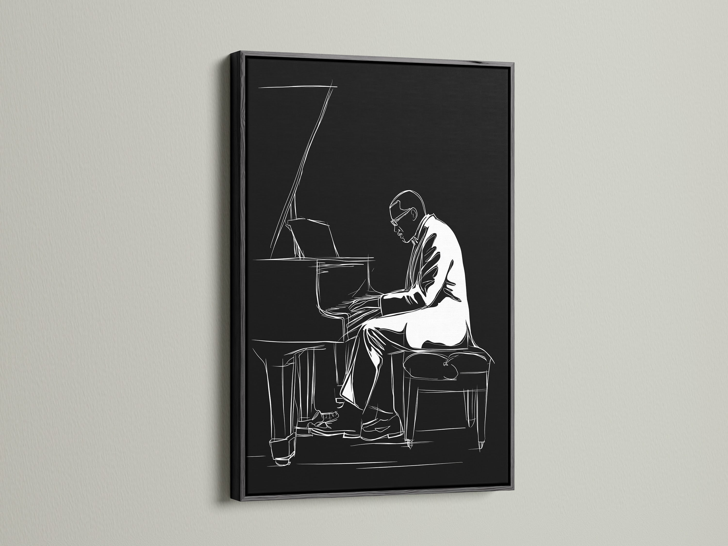 This black and white jazz piano art is displayed in a sleek black frame. It's a striking piece of minimalist musician artwork for any room. The black frame emphasizes the contrast and detail. Ideal for music room decor and contemporary wall decor. Perfect for jazz lovers.