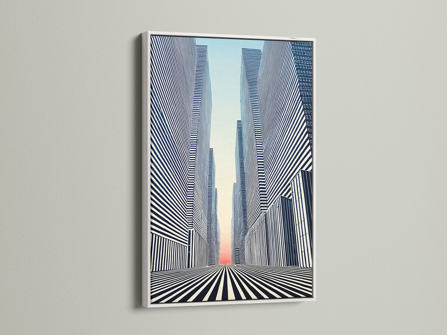 The Cityscape Optical Illusion artwork is displayed in a white frame. This modern wall art brings a clean contemporary look. The black and white print complements any office or living room. Elevate your space with this urban and geometric artwork.