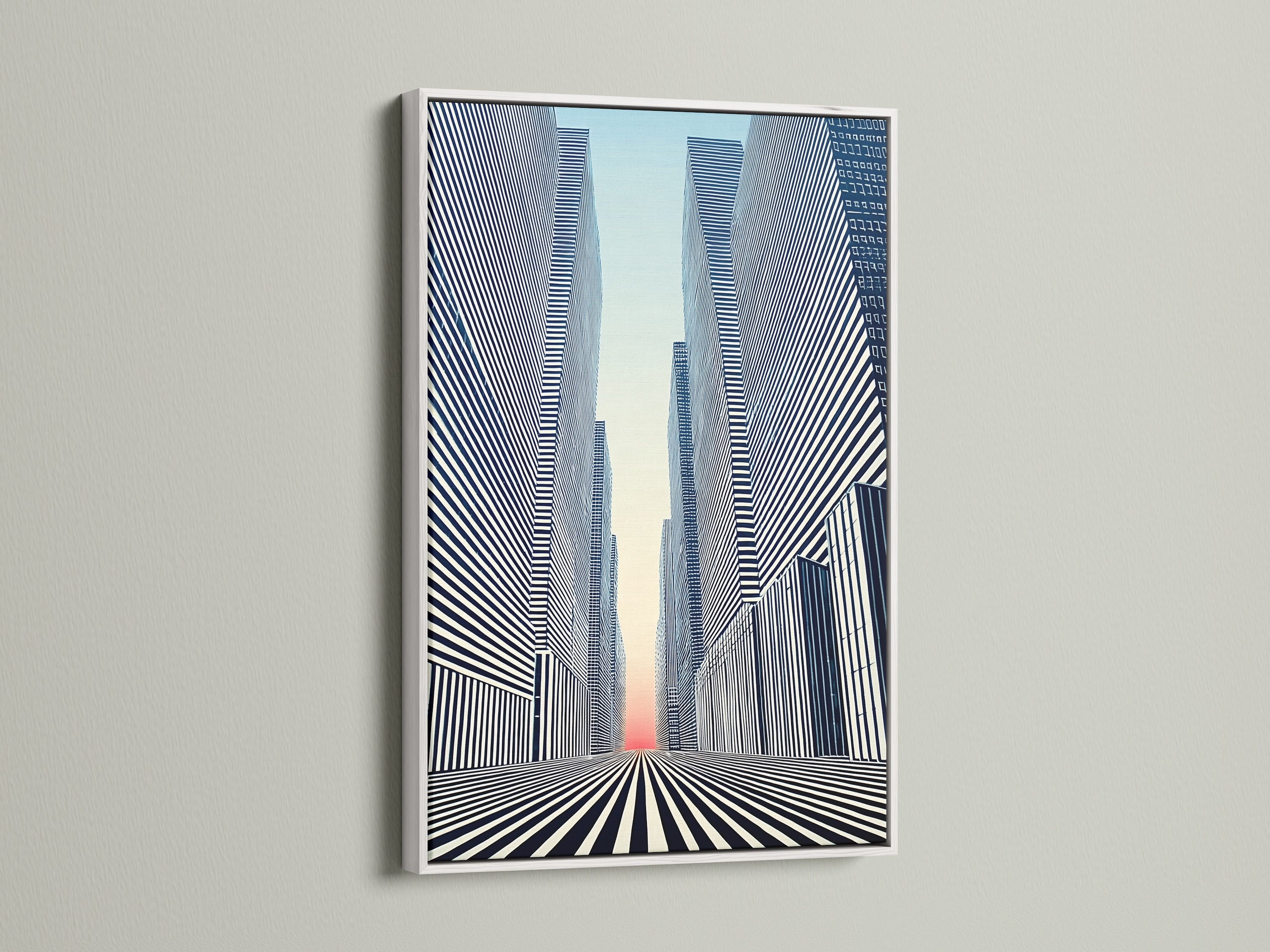 The Cityscape Optical Illusion artwork is displayed in a white frame. This modern wall art brings a clean contemporary look. The black and white print complements any office or living room. Elevate your space with this urban and geometric artwork.