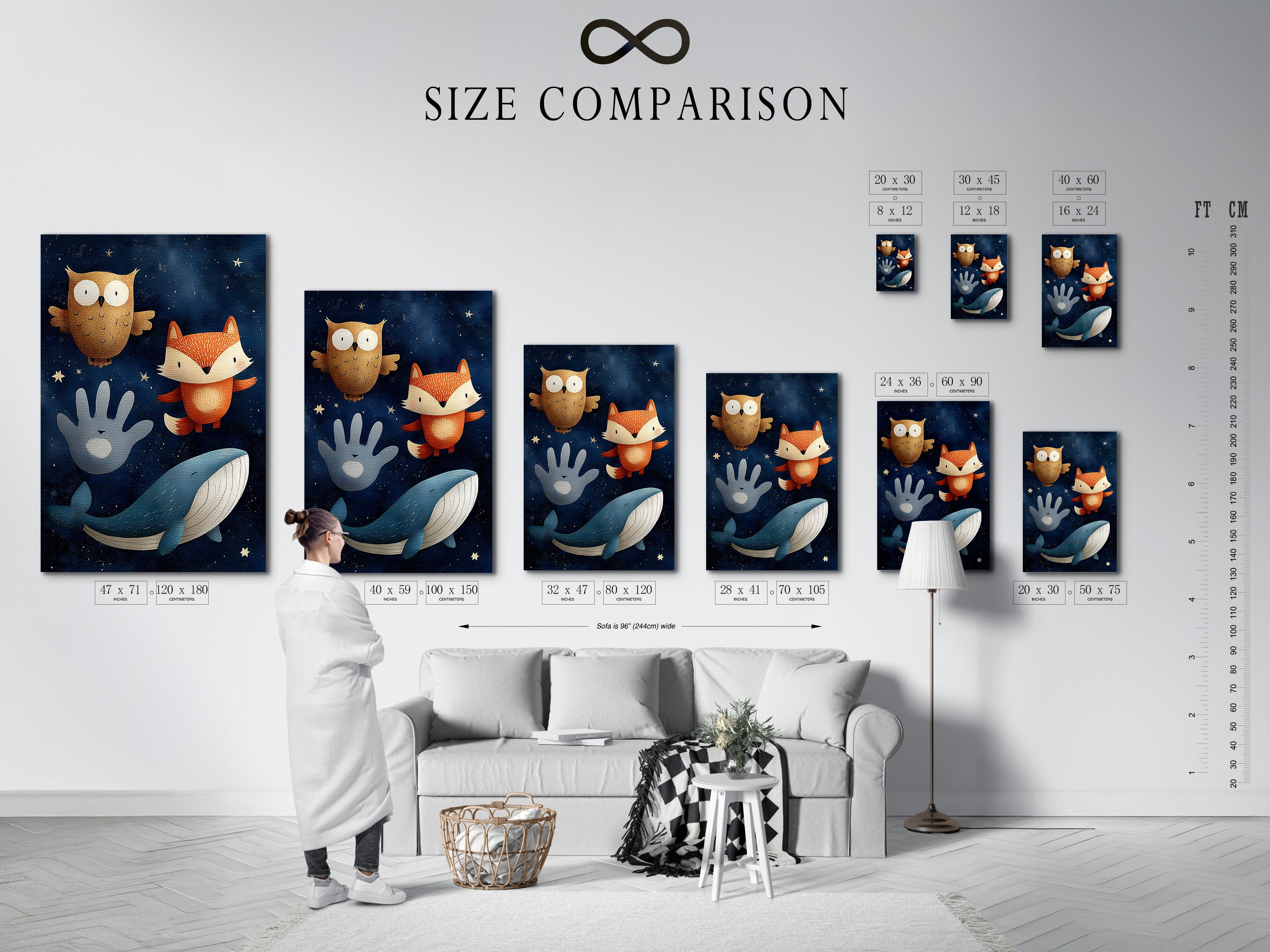 A size comparison chart in a room setting. The chart helps visualize different print sizes. See how various sizes look in a home. Choose the perfect size for your artwork with our helpful chart.