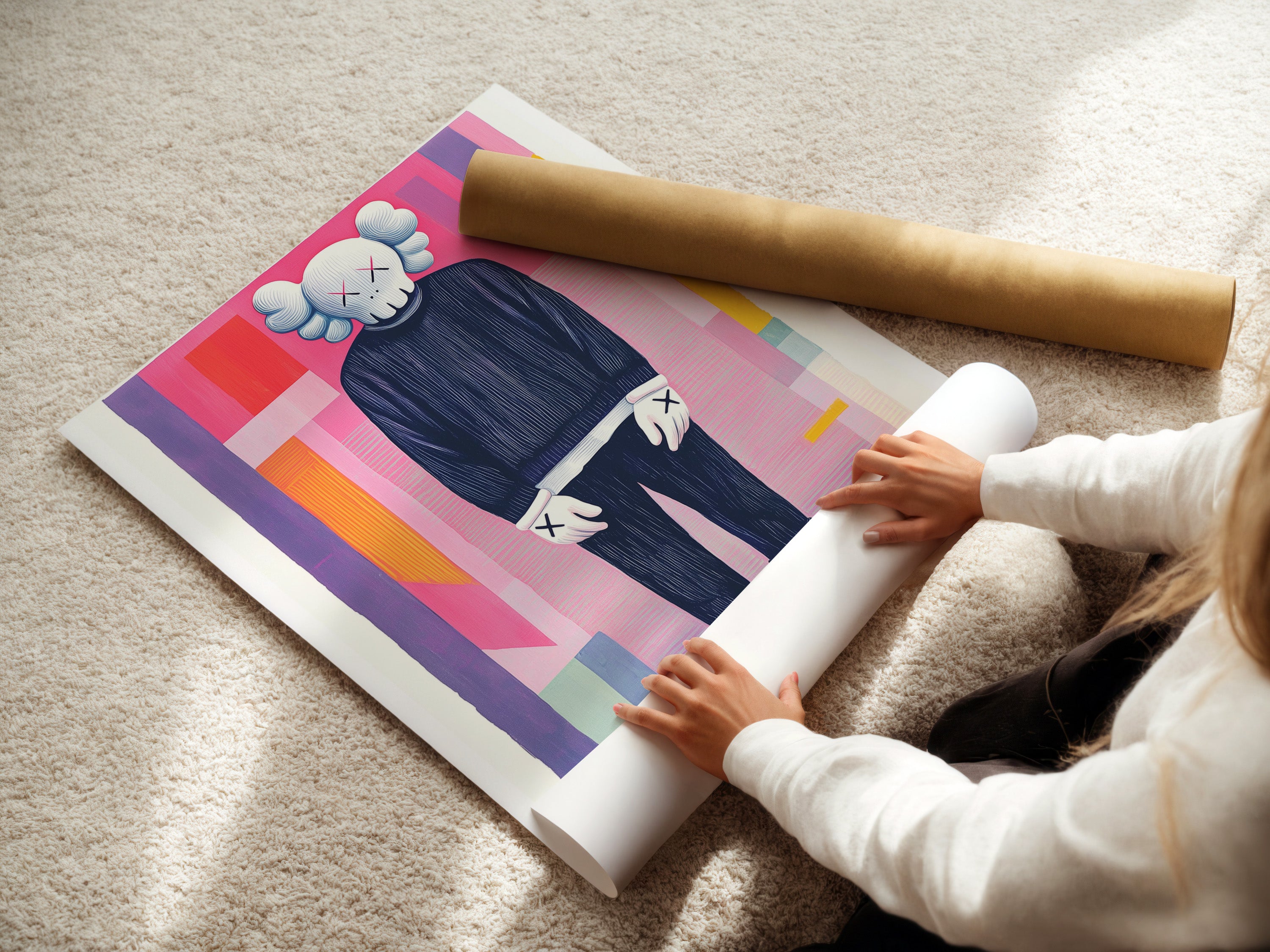 A woman is carefully rolling a fine art poster paper. The paper has a smooth texture. This ensures it is free of creases. The poster paper is perfect for high-quality prints. Preserve your art with professional materials. Fine art poster paper is ideal for detailed artwork.
