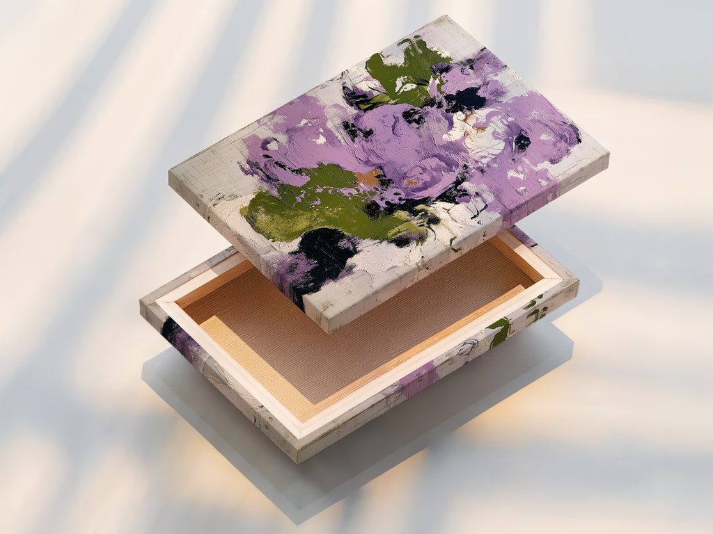 A stretched canvas print featuring abstract floral artwork in purple and green. This modern piece is ready to hang adding a touch of contemporary style to any room. The vibrant colors and botanical patterns make it a perfect focal point for wall decor.