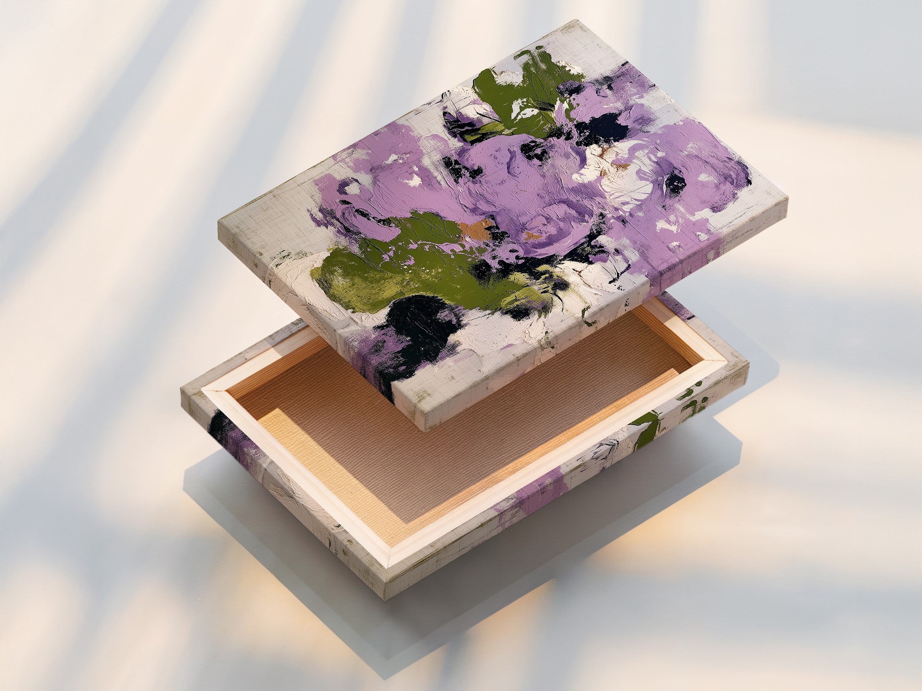 A stretched canvas print featuring abstract floral artwork in purple and green. This modern piece is ready to hang adding a touch of contemporary style to any room. The vibrant colors and botanical patterns make it a perfect focal point for wall decor.