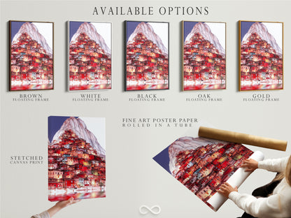 Explore available options for the Mountain Village artwork. Choose from a stretched canvas print fine art poster paper or floating frame. Customize your Italian art print today.