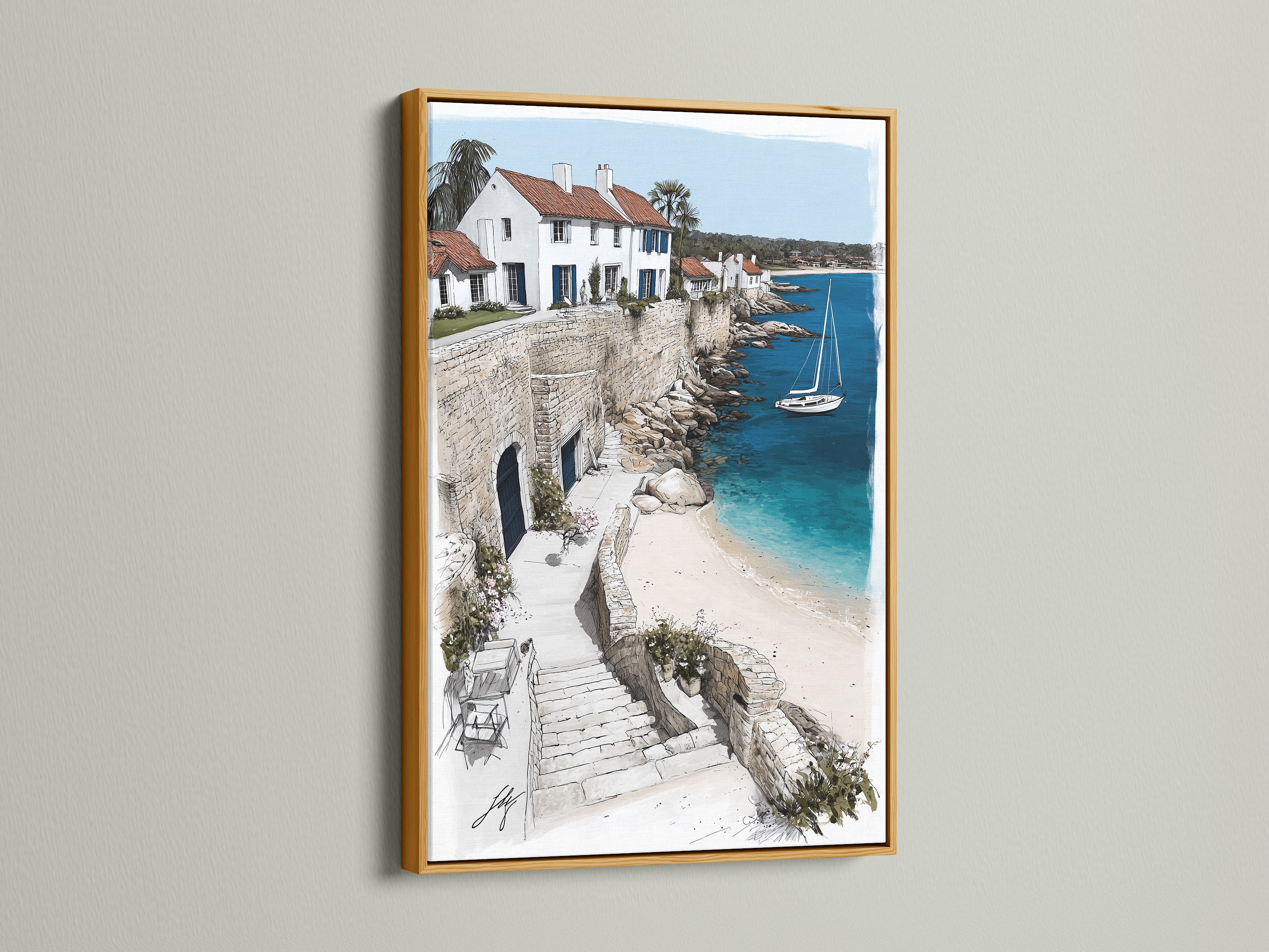 Coastal Village artwork in a gold frame. The artwork showcases a beautiful seaside town. The gold frame adds a touch of luxury. White buildings and blue waters create a striking contrast. This artwork enhances any space with its coastal elegance. Ideal for refined interior designs.