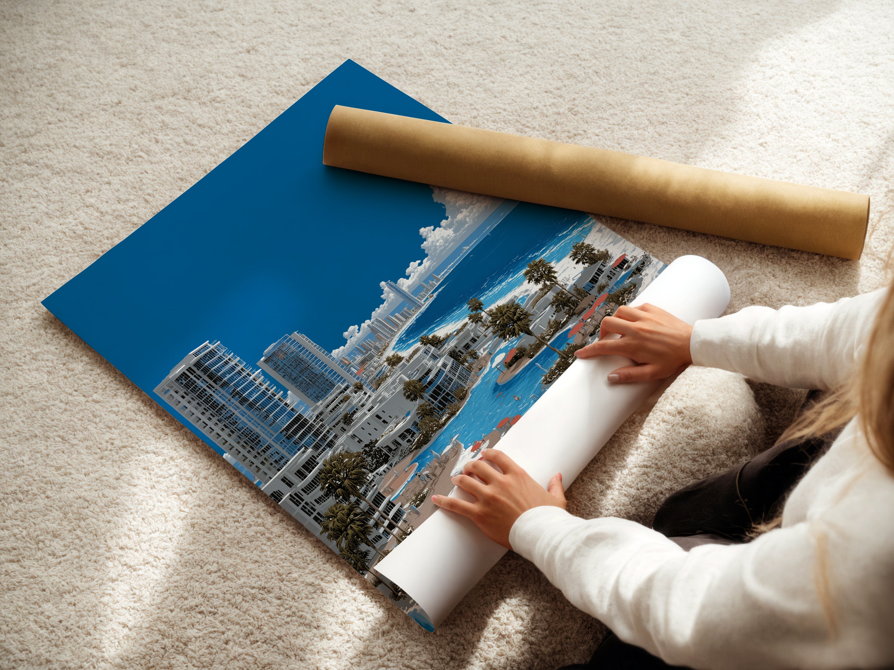 A woman carefully rolls a fine art poster paper of the Surreal Frozen City artwork. Ensuring its pristine condition. Perfect for collectors and art enthusiasts. Discover our high-quality art prints.
